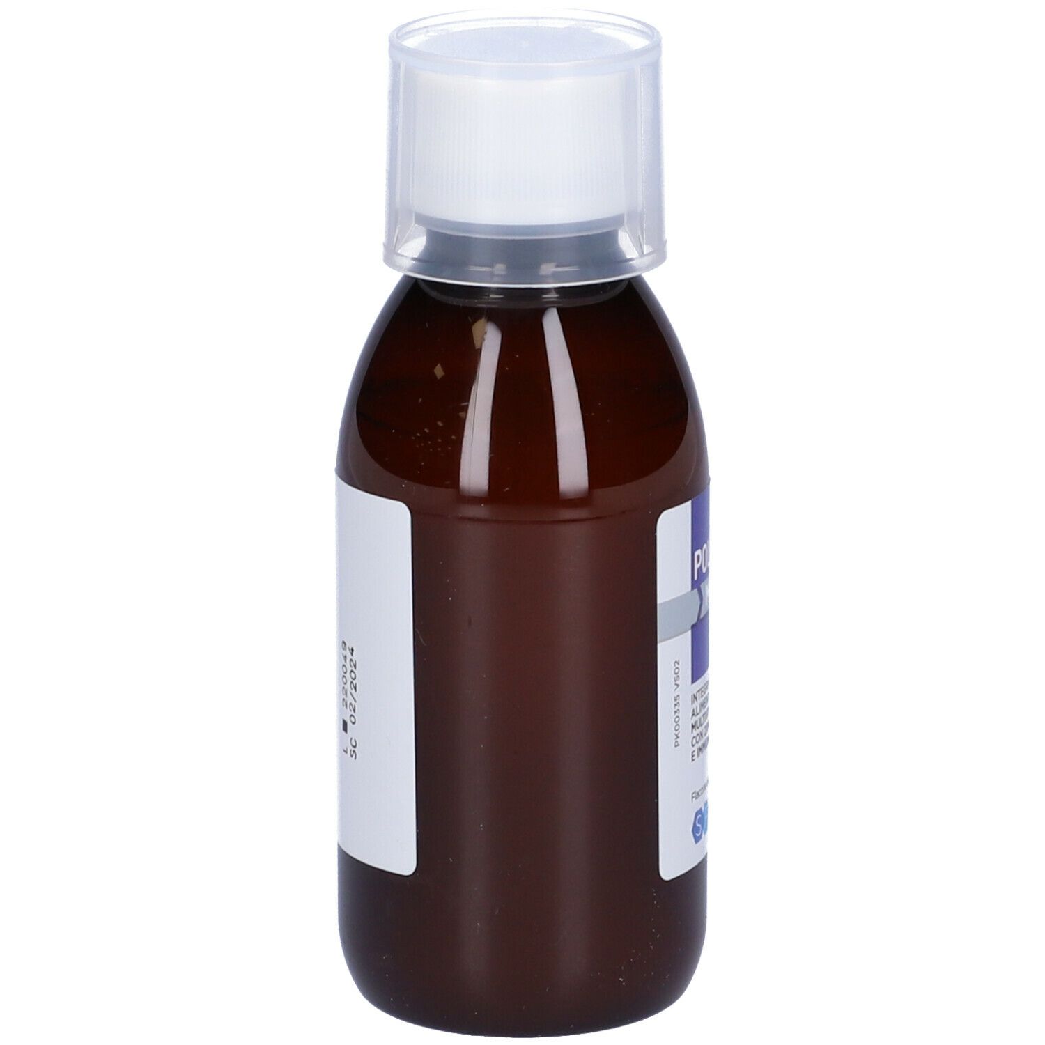 Flacone marrone con tappo bianco. Etichetta con informazioni sul prodotto. Scritta: POLIVIT MATRIX, integratore multivitaminico.