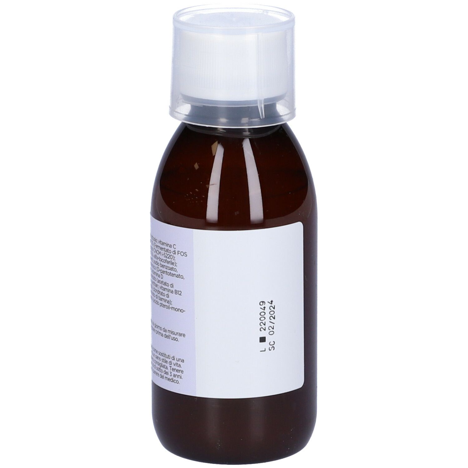 Flacone marrone con tappo bianco. Etichetta con informazioni sul prodotto. Scritta: POLIVIT MATRIX, integratore multivitaminico.