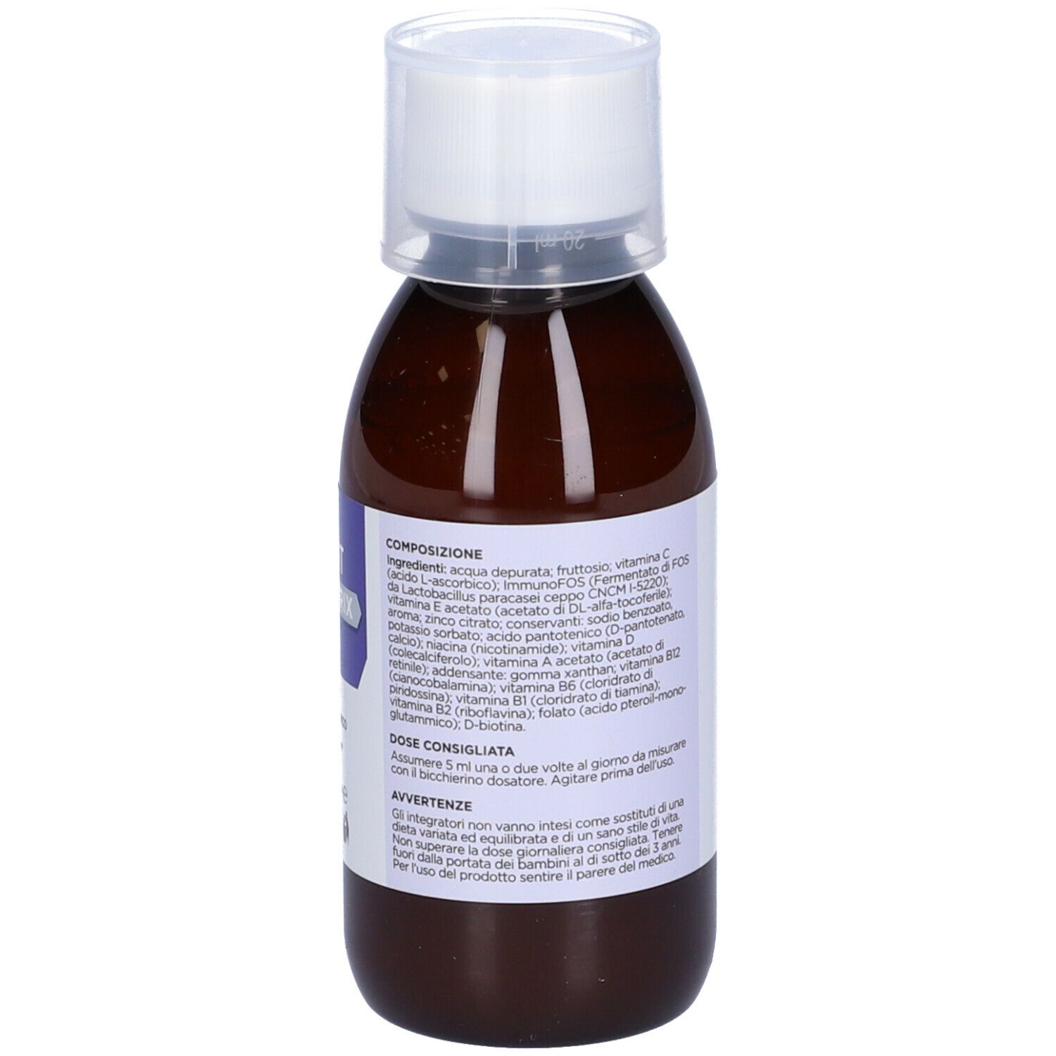 Flacone marrone con tappo bianco. Etichetta con informazioni sul prodotto. Scritta: POLIVIT MATRIX, integratore multivitaminico.