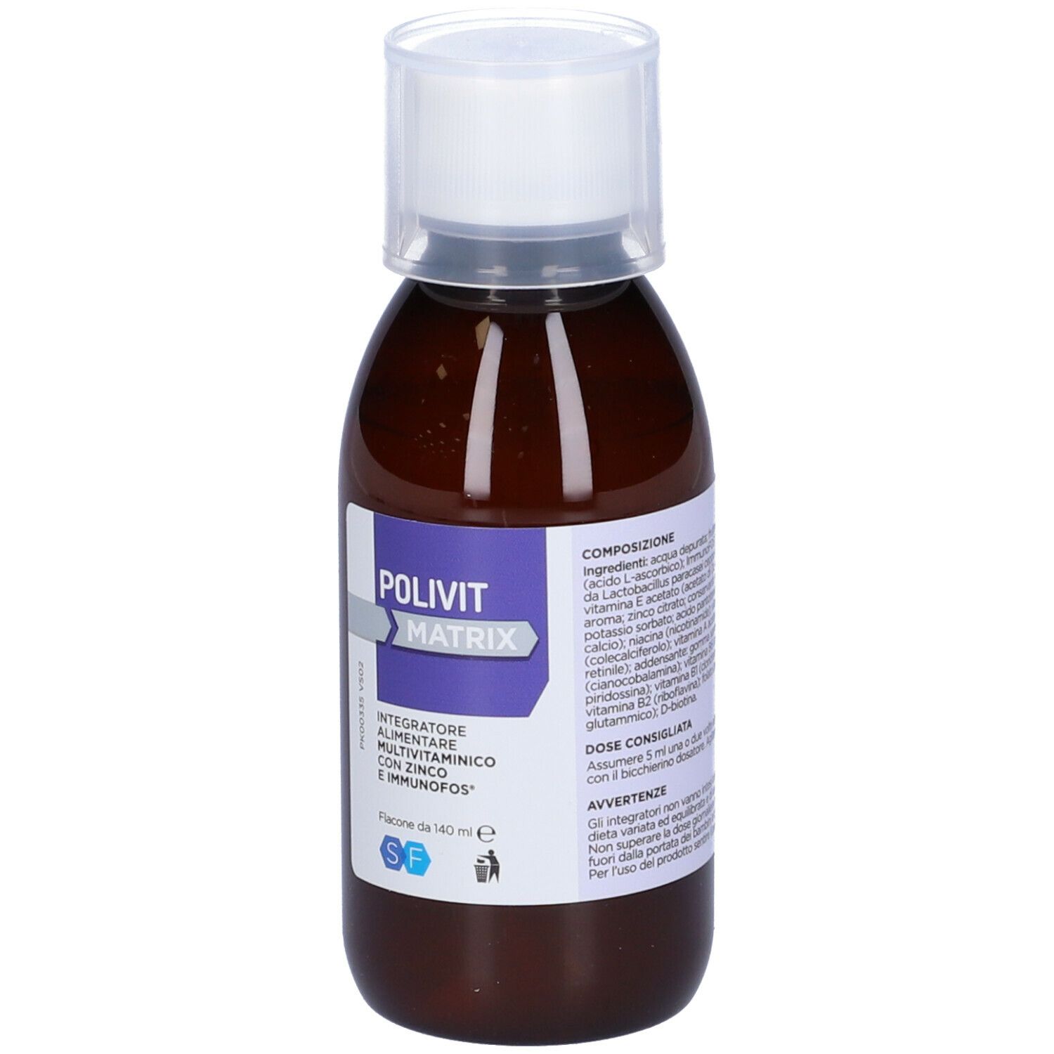 Flacone marrone con tappo bianco. Etichetta con informazioni sul prodotto. Scritta: POLIVIT MATRIX, integratore multivitaminico.
