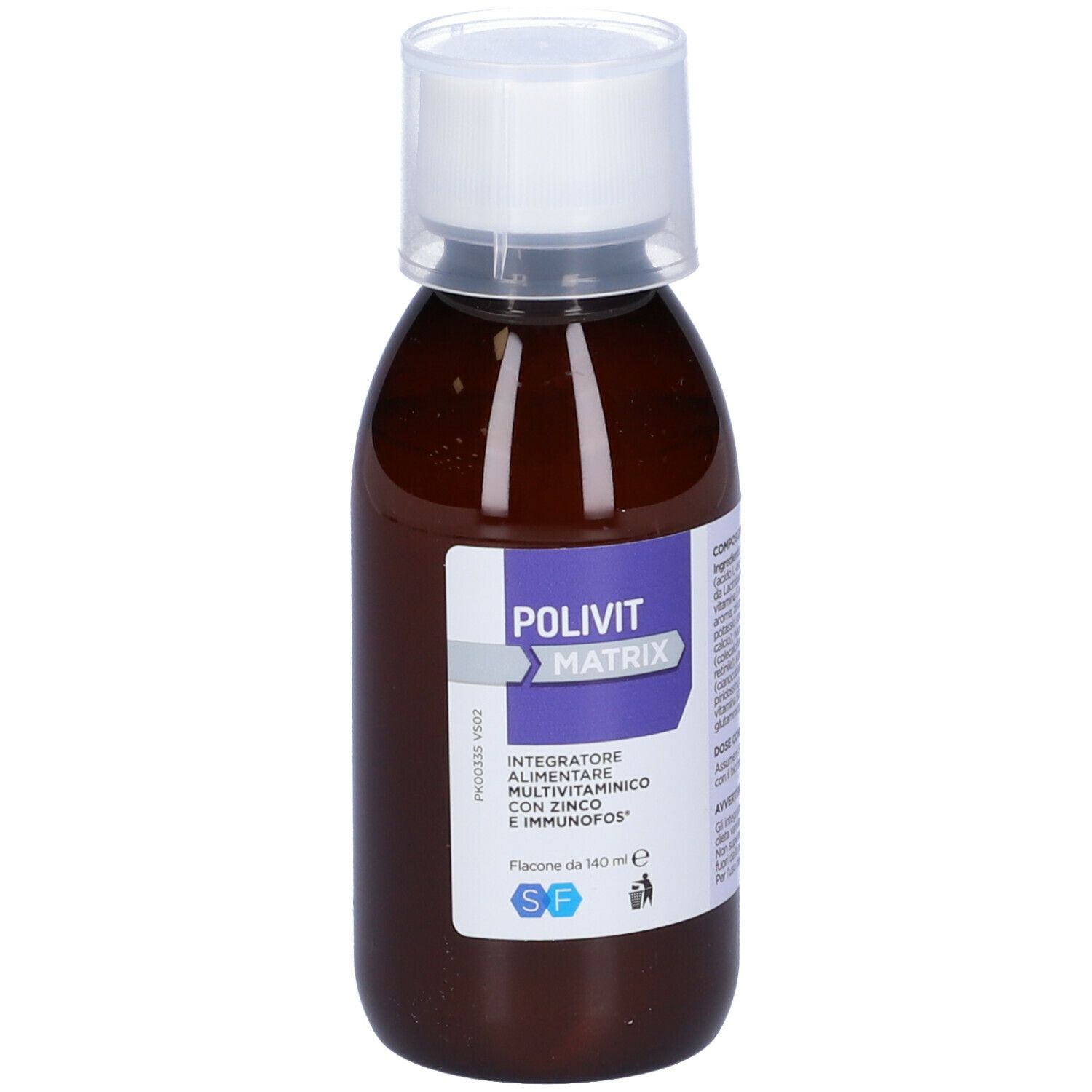 Flacone marrone con tappo bianco. Etichetta con informazioni sul prodotto. Scritta: POLIVIT MATRIX, integratore multivitaminico.