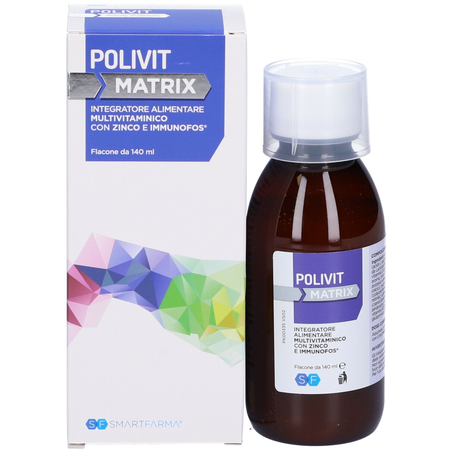 Confezione e flacone del prodotto. Scritta: POLIVIT MATRIX, integratore multivitaminico con zinco e immunofos.