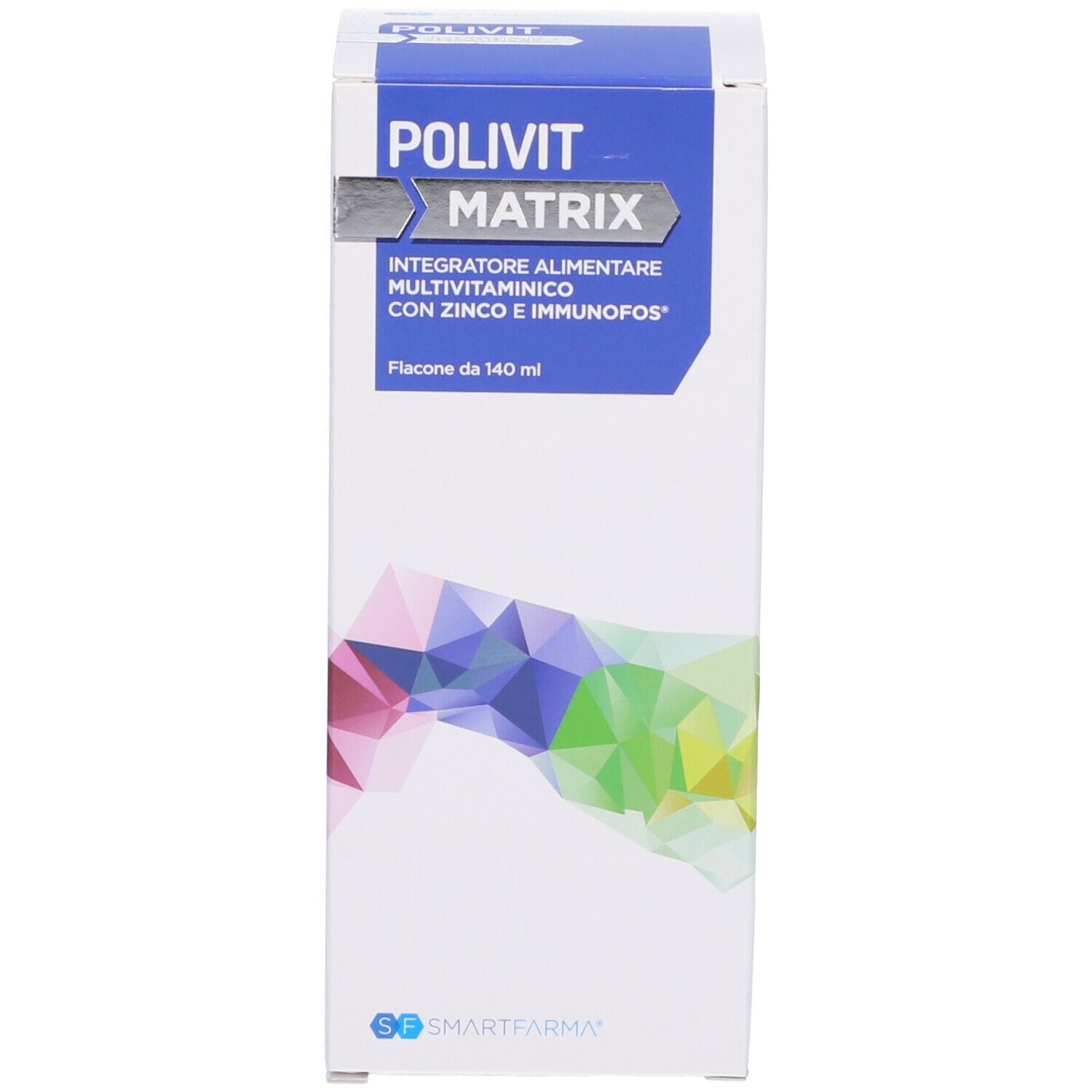 Scatola bianca con informazioni sul prodotto. Scritta: POLIVIT MATRIX, integratore multivitaminico con zinco e immunofos.