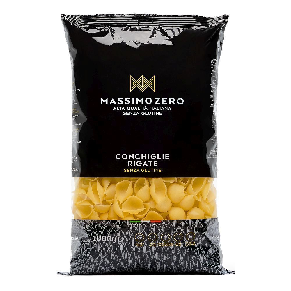 Confezione di pasta Massimo Zero Conchiglie Rigate senza glutine. Confezione nera con finestra trasparente, 1000g.