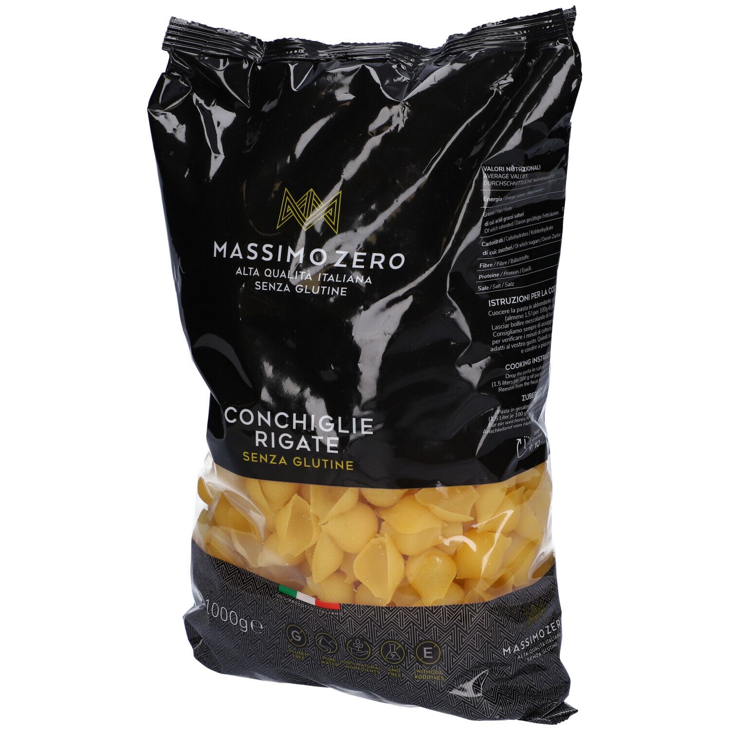 Confezione Massimo Zero Conchiglie Rigate senza glutine. Confezione nera con finestra trasparente, 1000g. Vista obliqua.