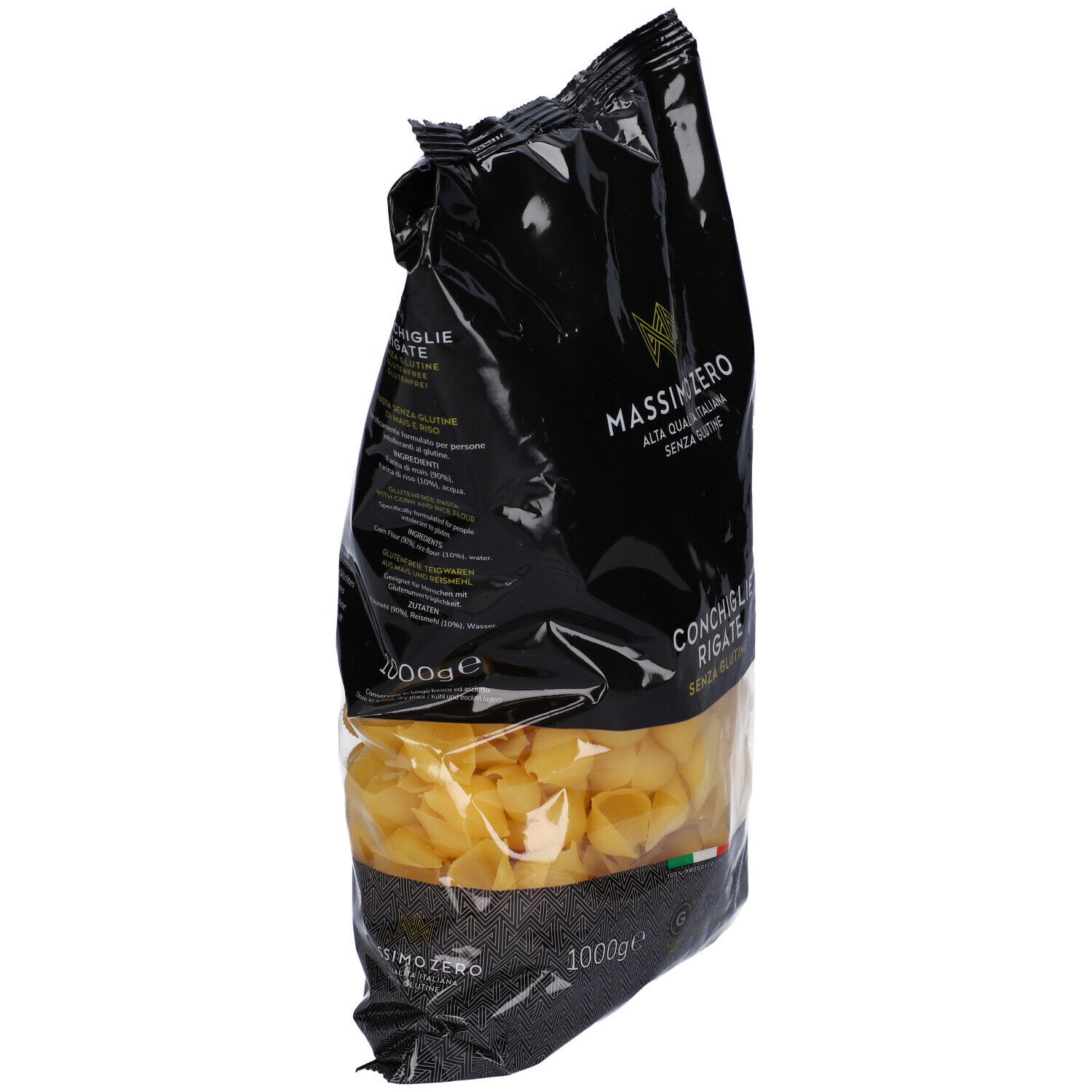 Confezione Massimo Zero Conchiglie Rigate senza glutine. Confezione nera con finestra trasparente, 1000g. Vista laterale.