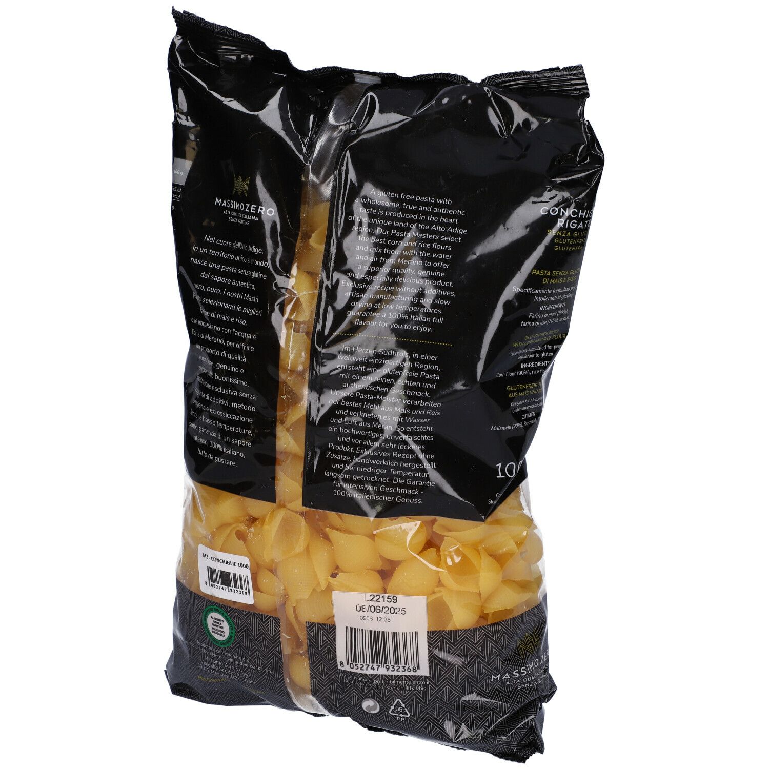 Confezione Massimo Zero Conchiglie Rigate senza glutine. Confezione nera con finestra trasparente, 1000g. Vista posteriore.