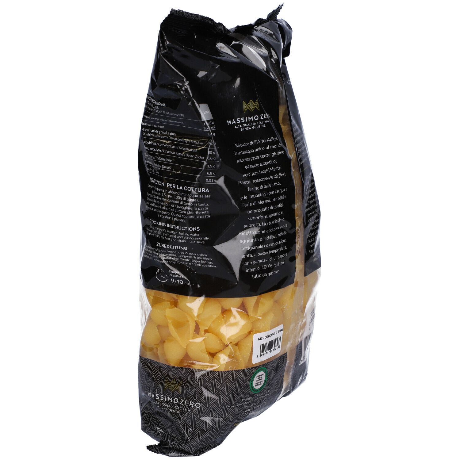 Confezione Massimo Zero Conchiglie Rigate senza glutine. Confezione nera con finestra trasparente, 1000g. Vista obliqua.