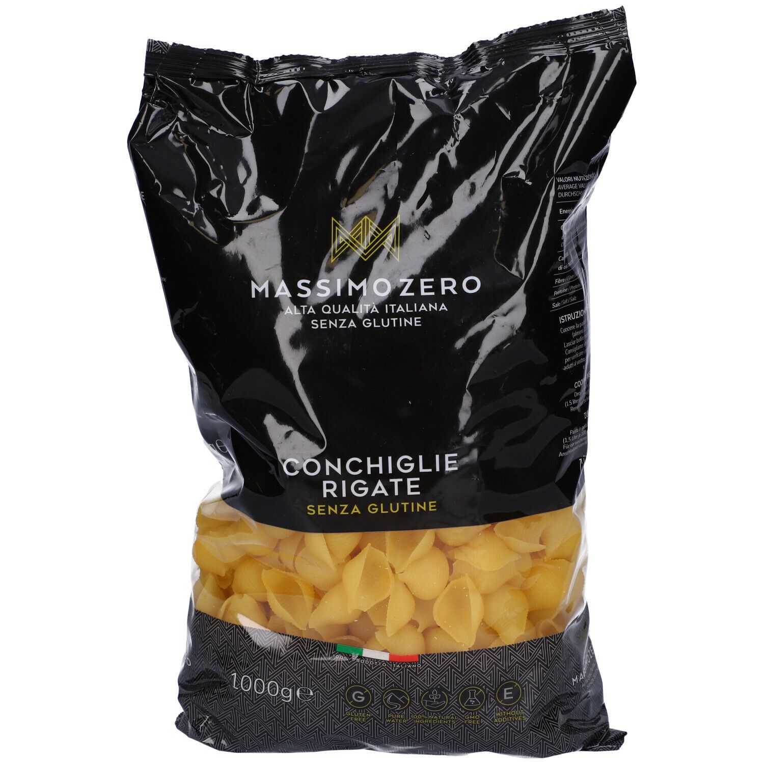 Confezione Massimo Zero Conchiglie Rigate senza glutine. Confezione nera con finestra trasparente, 1000g. Vista laterale.