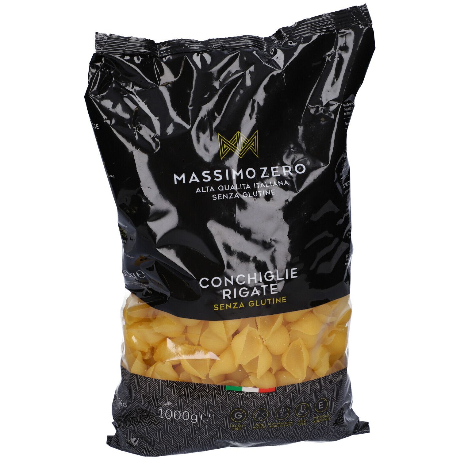 Confezione di pasta Massimo Zero Conchiglie Rigate senza glutine. Confezione nera con finestra trasparente, 1000g.