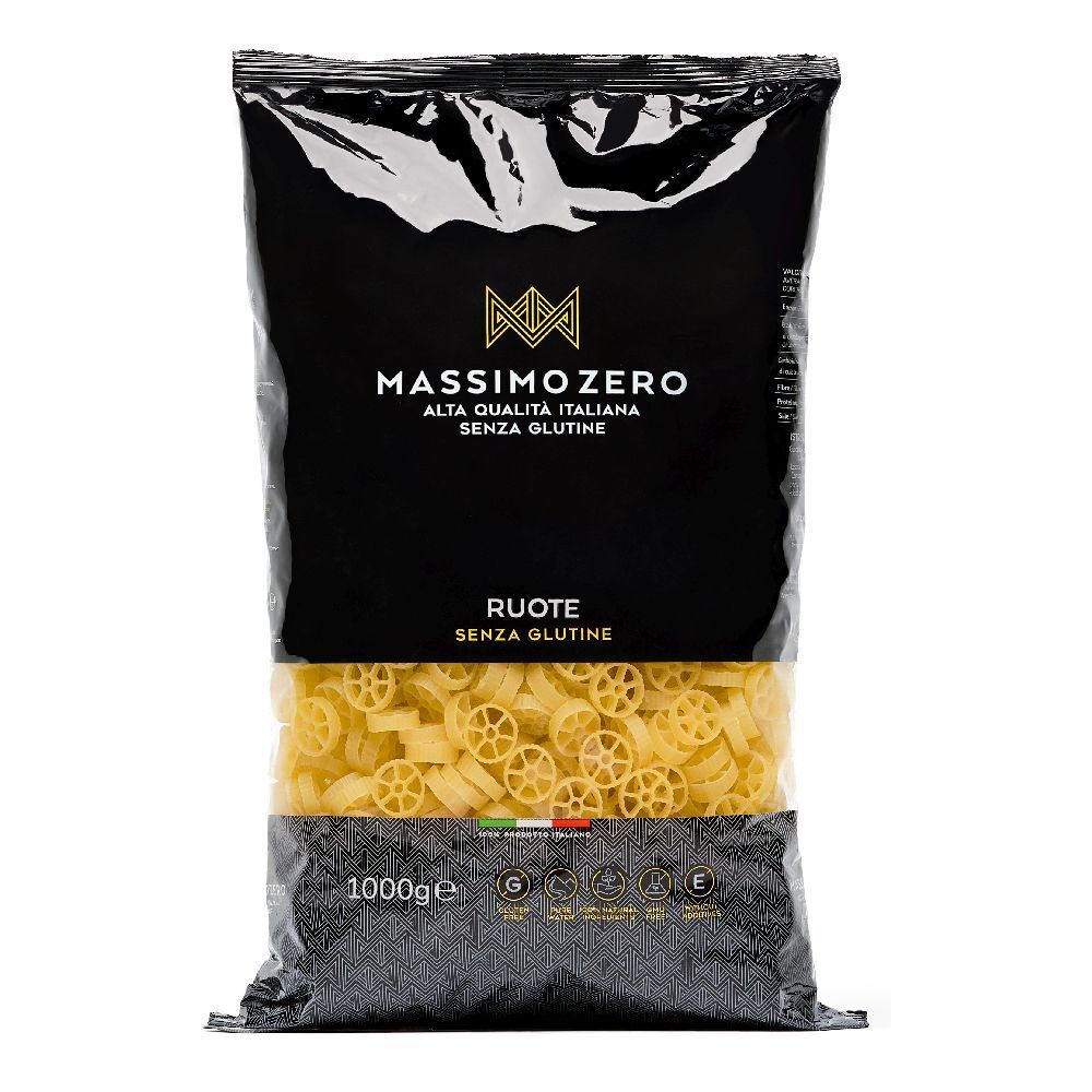 Confezione nera Massimo Zero Ruote. Pasta senza glutine a forma di ruote. 1000g. Bandiera italiana e marchi di qualità.