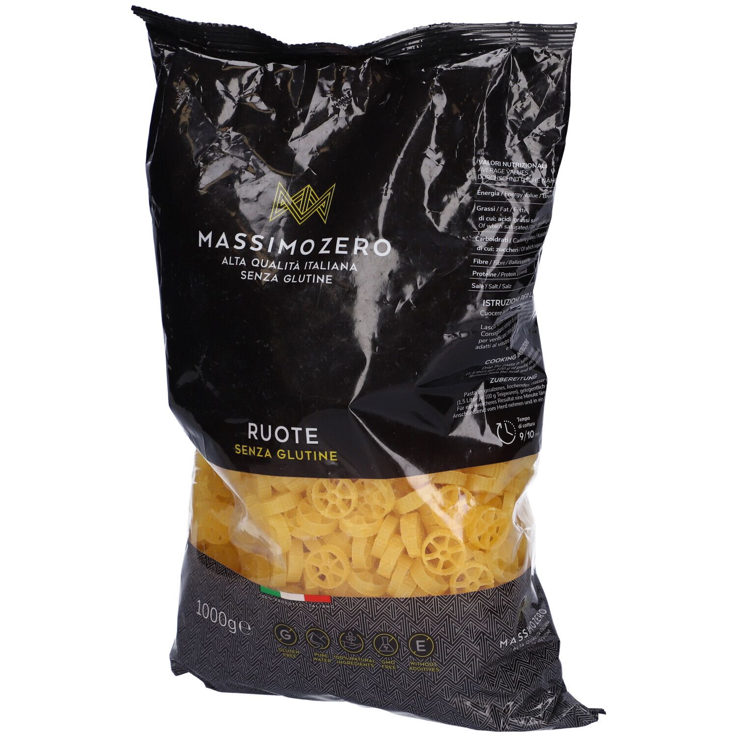 Confezione nera Massimo Zero Ruote. Pasta senza glutine a forma di ruote. 1000g. Bandiera italiana e marchi di qualità.