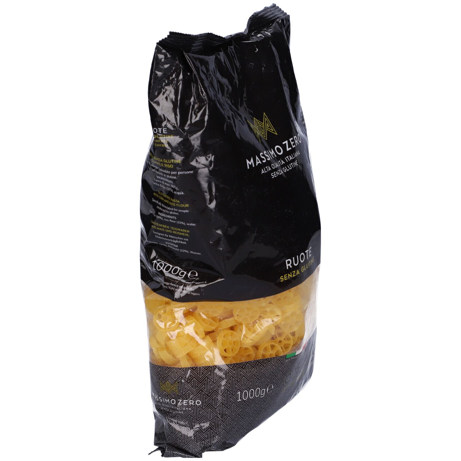 Confezione nera Massimo Zero Ruote. Pasta senza glutine a forma di ruote. 1000g. Bandiera italiana e marchi di qualità.