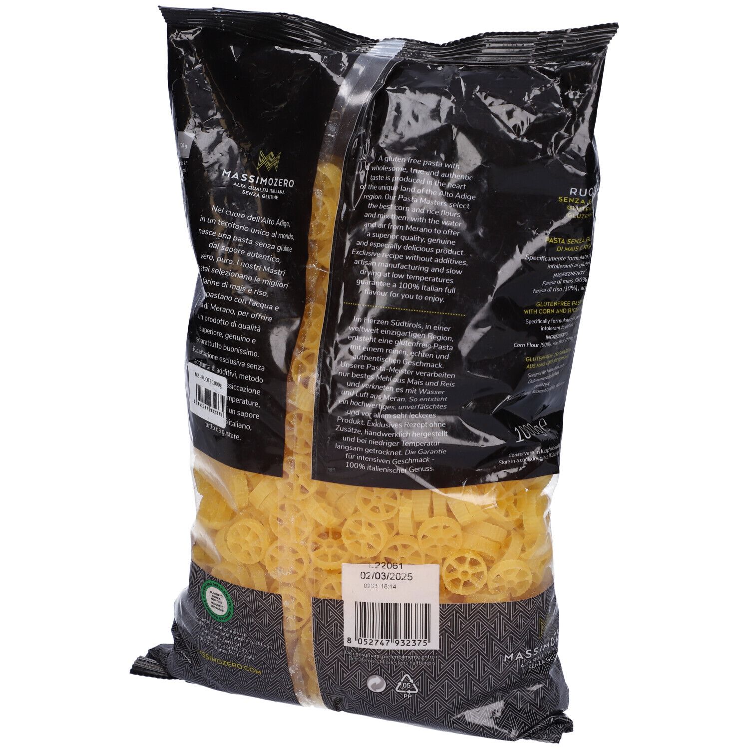Retro confezione Massimo Zero Ruote. Testo, ingredienti, informazioni nutrizionali, codice a barre. 1000g. Senza glutine.