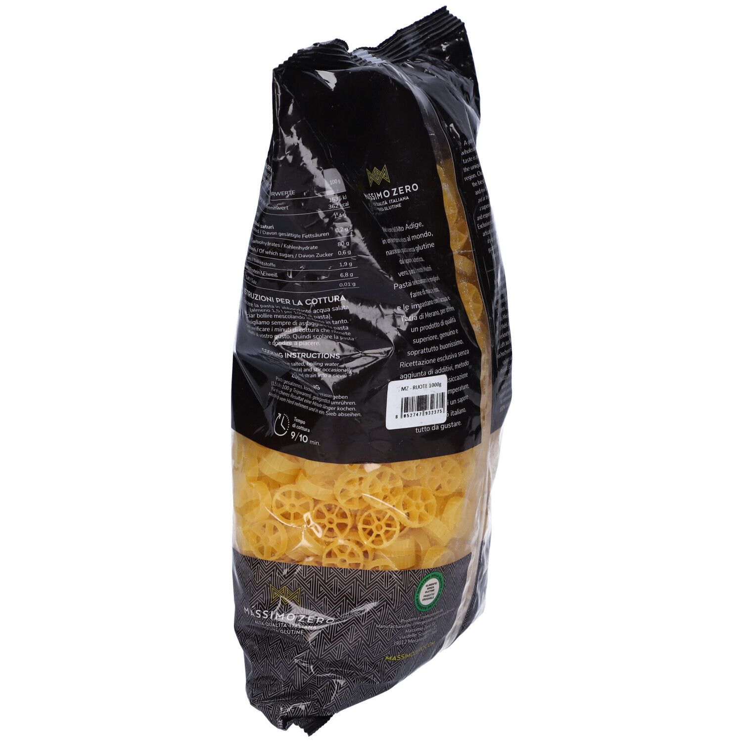 Vista laterale confezione Massimo Zero Ruote. Testo, informazioni nutrizionali, tempo di cottura. 1000g. Senza glutine.