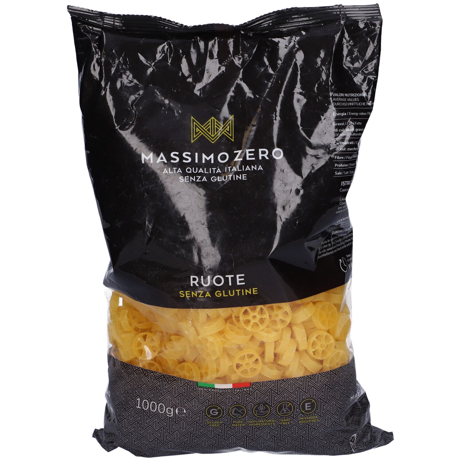 Confezione nera Massimo Zero Ruote. Pasta senza glutine a forma di ruote. 1000g. Bandiera italiana e marchi di qualità.