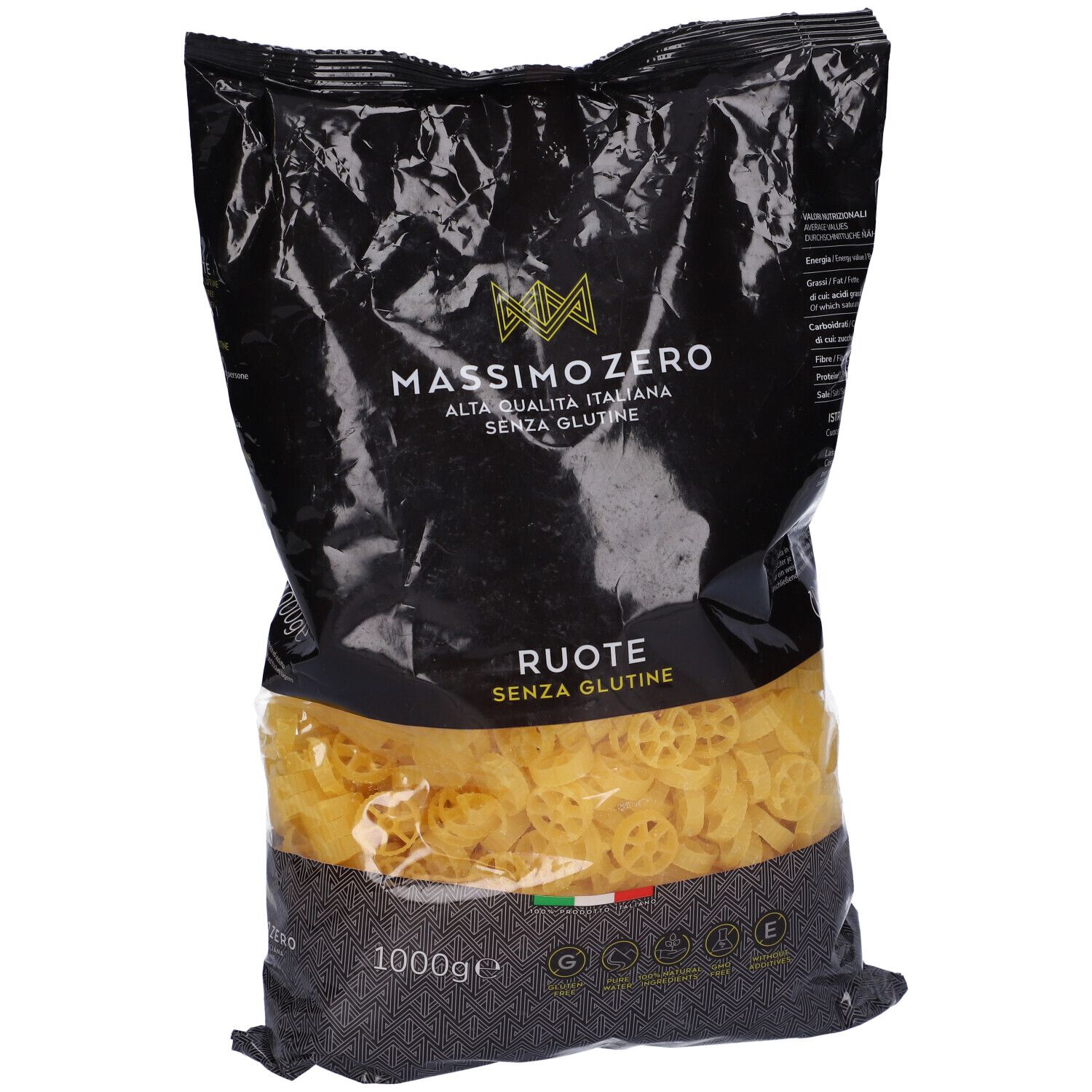 Confezione nera Massimo Zero Ruote. Pasta senza glutine a forma di ruote. 1000g. Bandiera italiana e marchi di qualità.