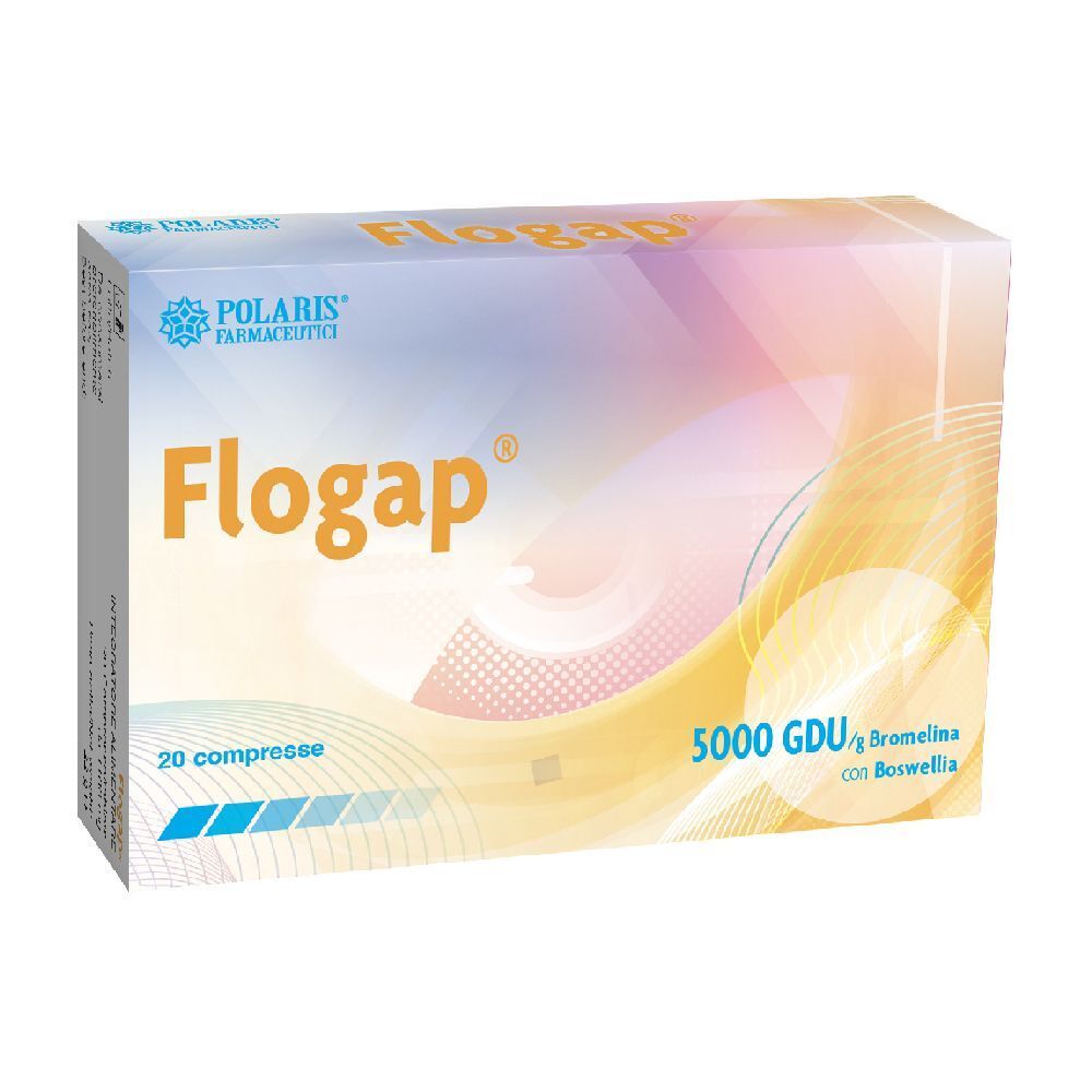 Scatola di Flogap 5000 GDU, 20 compresse. Nome del prodotto e logo. Contiene 5000 GDU di bromelina.