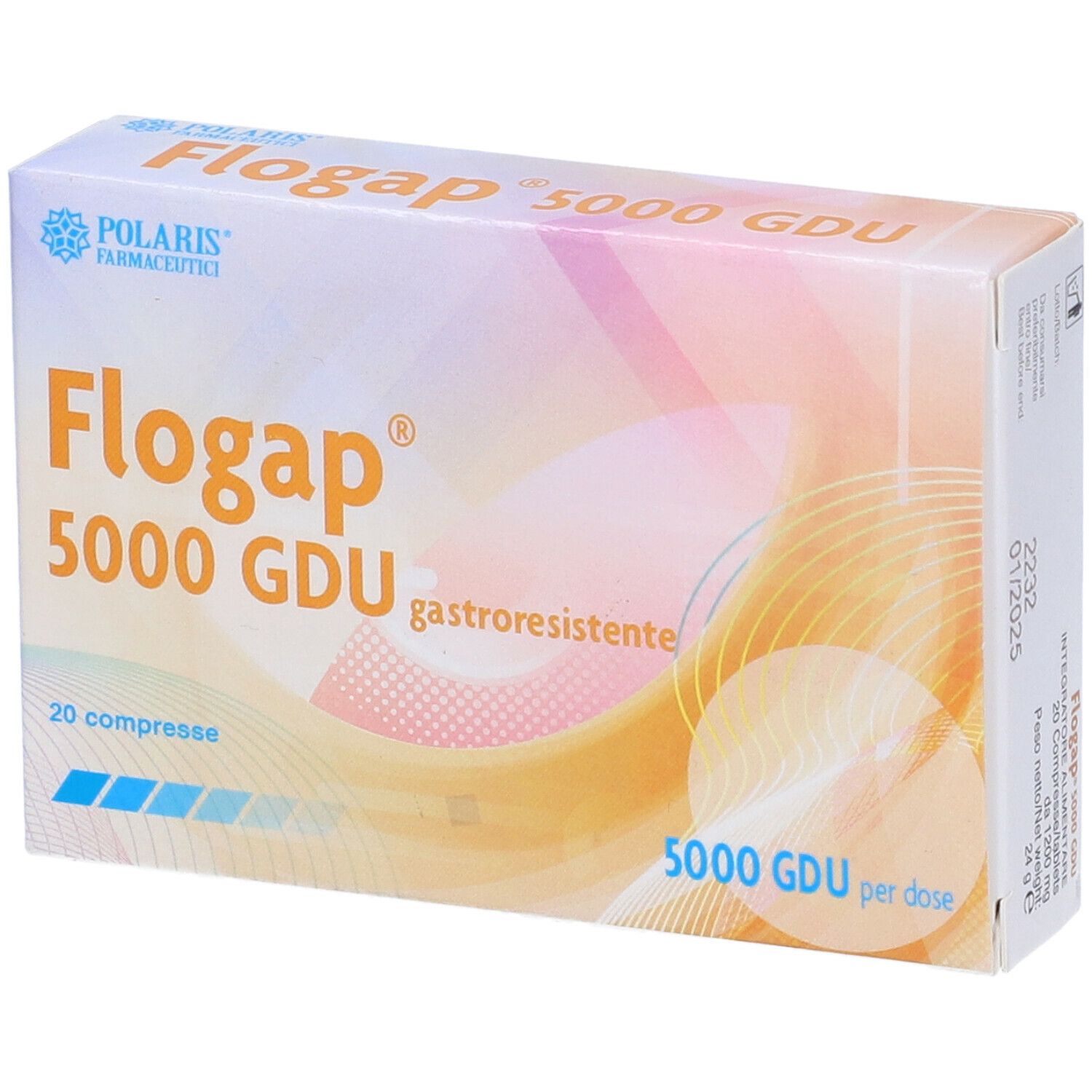 Confezione Flogap 5000 GDU, 20 compresse. Nome e logo in evidenza. 5000 GDU per dose.