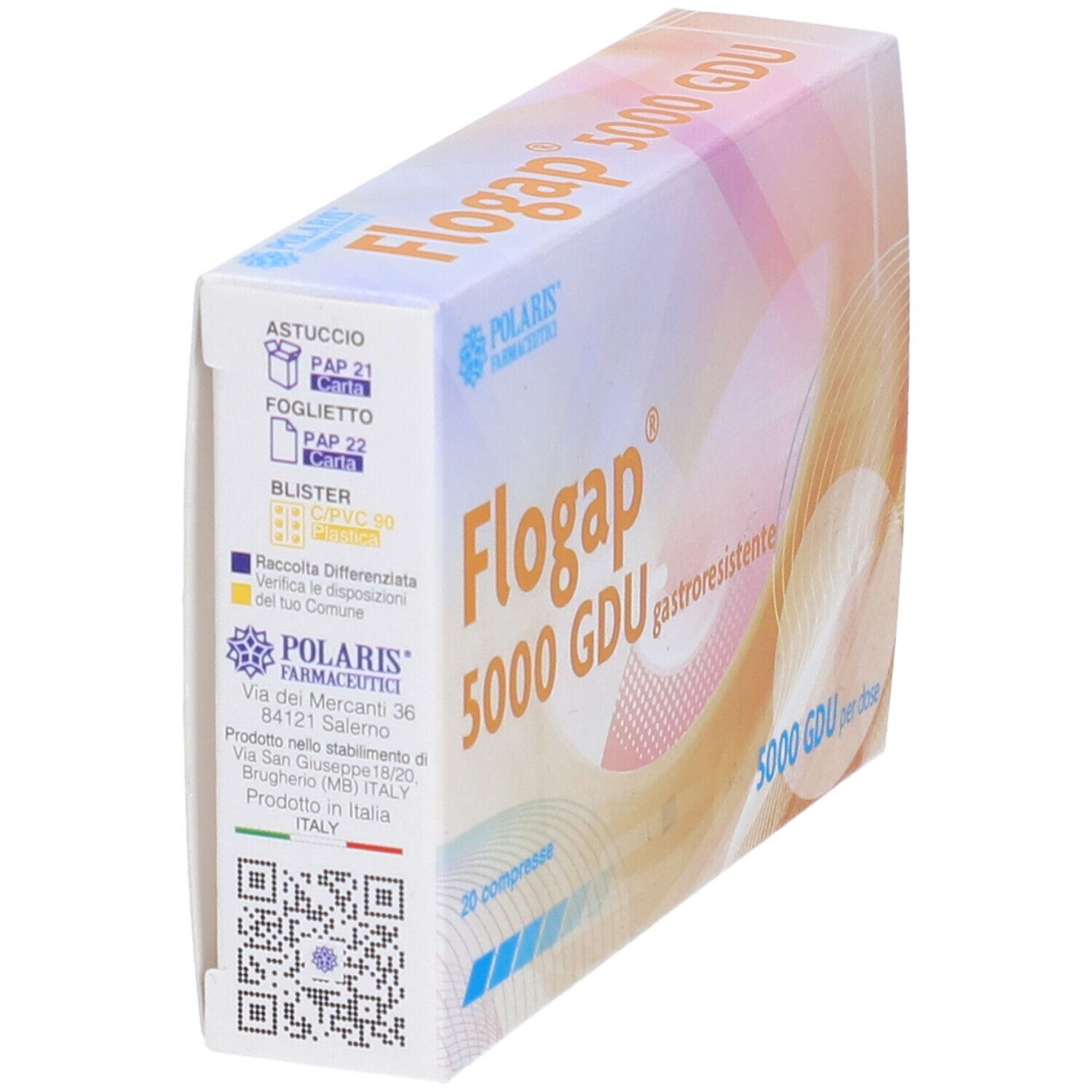 Scatola Flogap 5000 GDU, 20 compresse. Nome e logo. Contiene 5000 GDU. Gastroresistente.