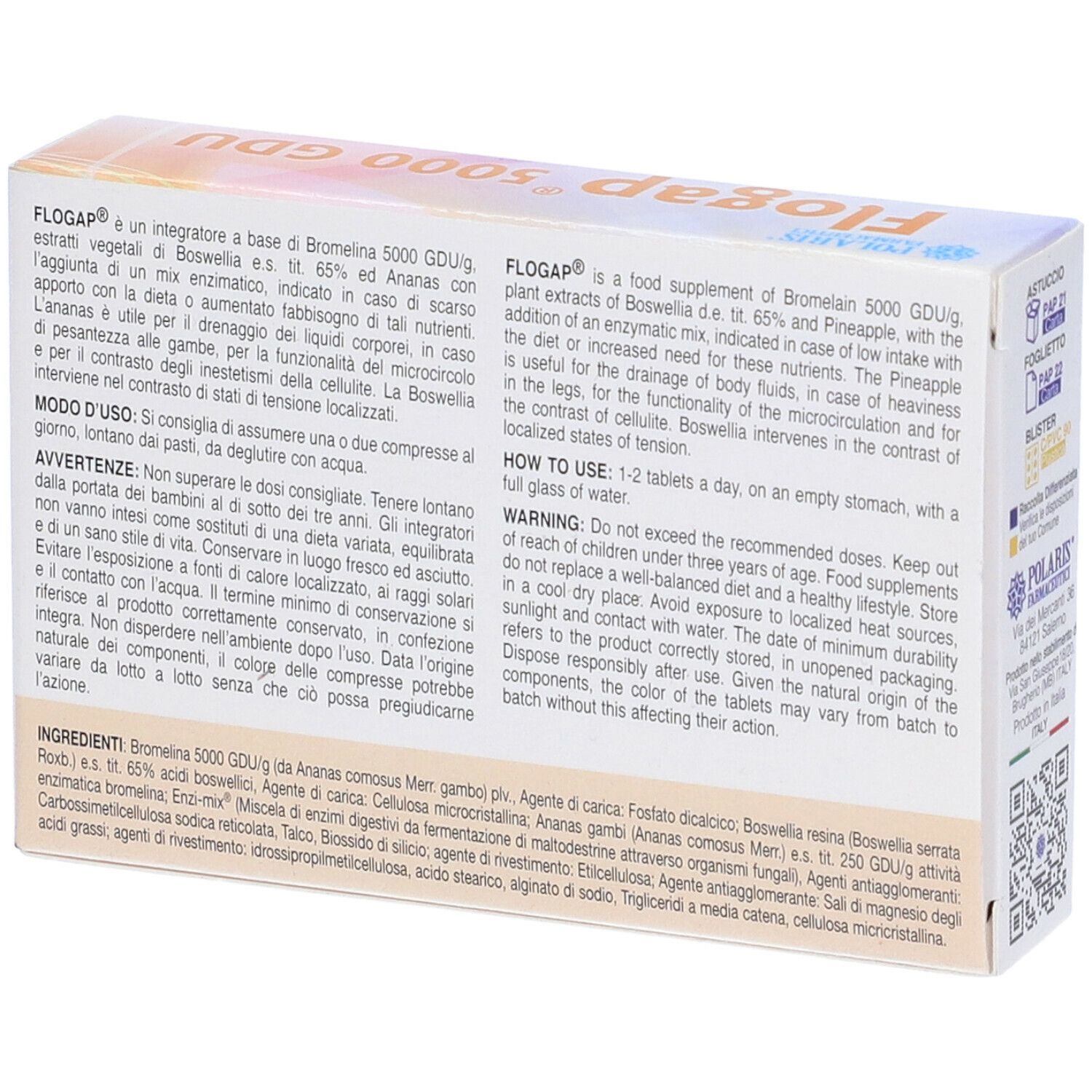 Retro della confezione Flogap 5000 GDU. Informazioni testuali, ingredienti, istruzioni e indirizzo del produttore.