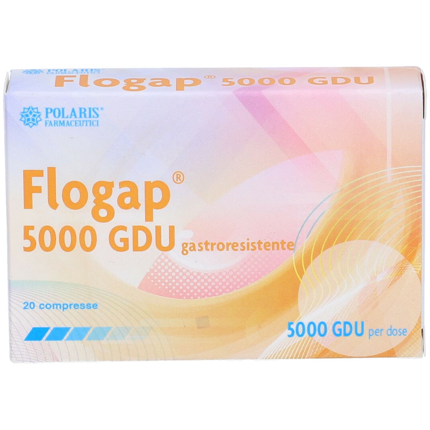 Scatola Flogap 5000 GDU, 20 compresse. Nome e logo. 5000 GDU per dose. Gastroresistente.