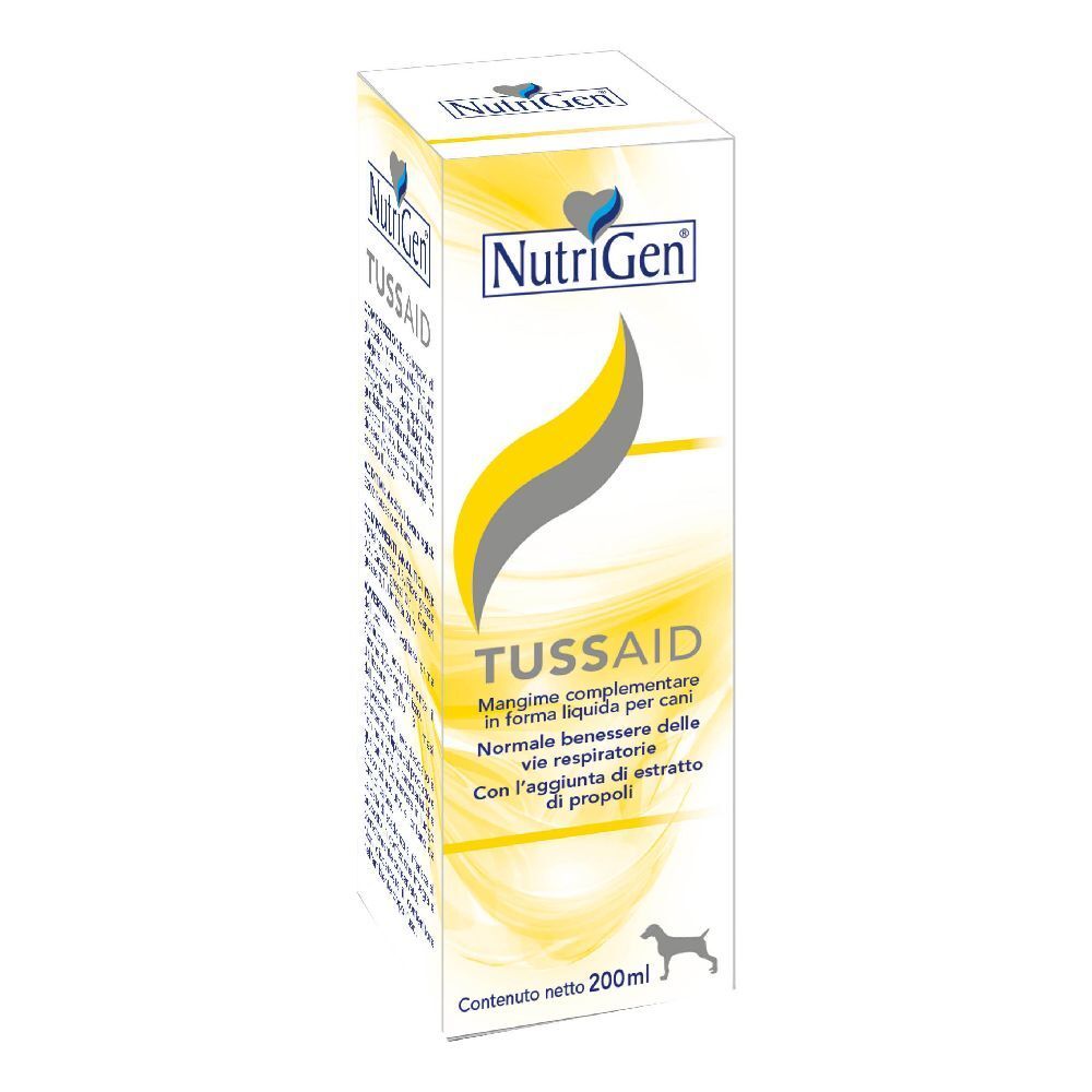 Scatola con stampa del prodotto. Marchio Nutrigen, nome del prodotto TUSSAID. Contiene 200ml. Design giallo e bianco.