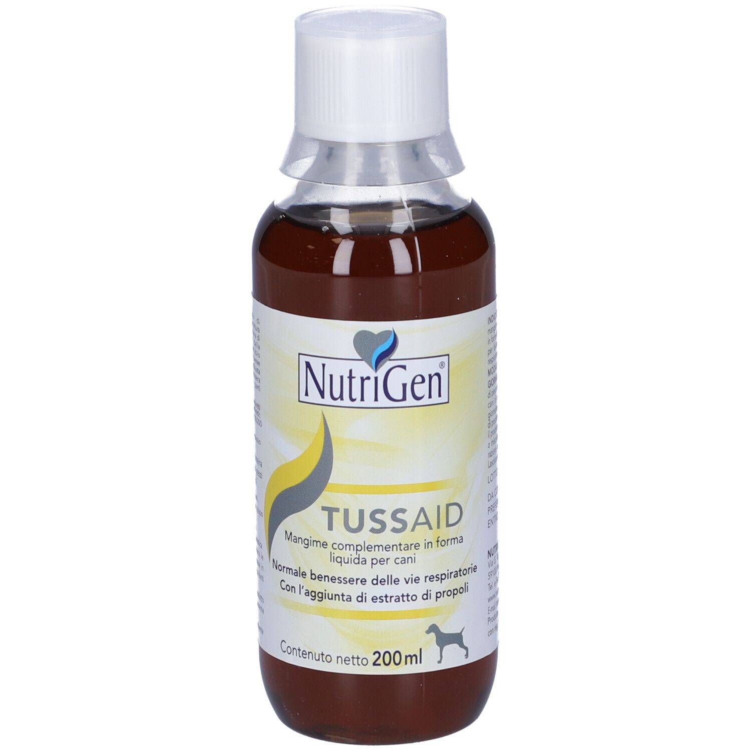 Liquido marrone in bottiglia con tappo bianco. Marchio Nutrigen, nome del prodotto TUSSAID. Contiene 200ml.