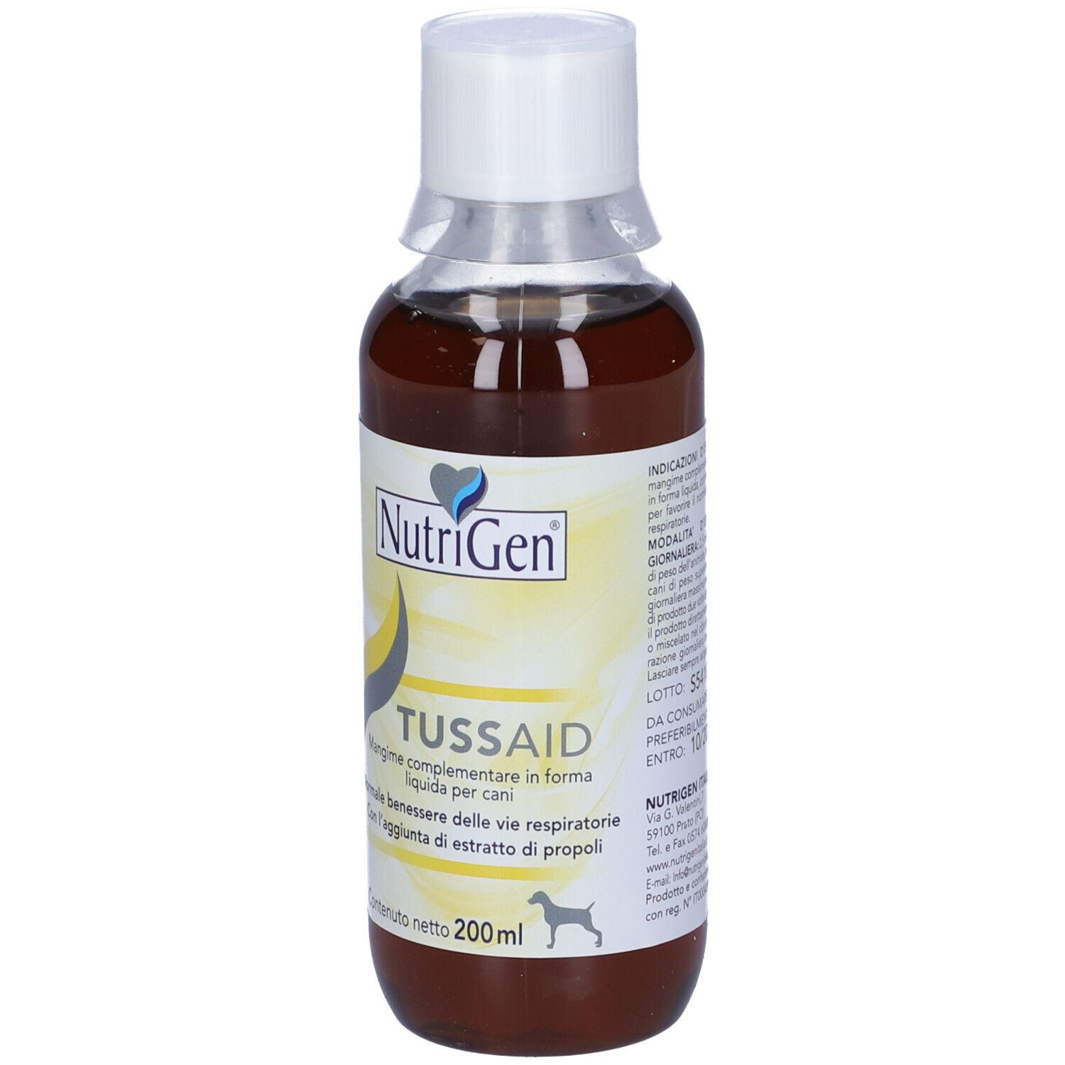 Liquido marrone in bottiglia con tappo bianco. Marchio Nutrigen, nome del prodotto TUSSAID. Contiene 200ml.