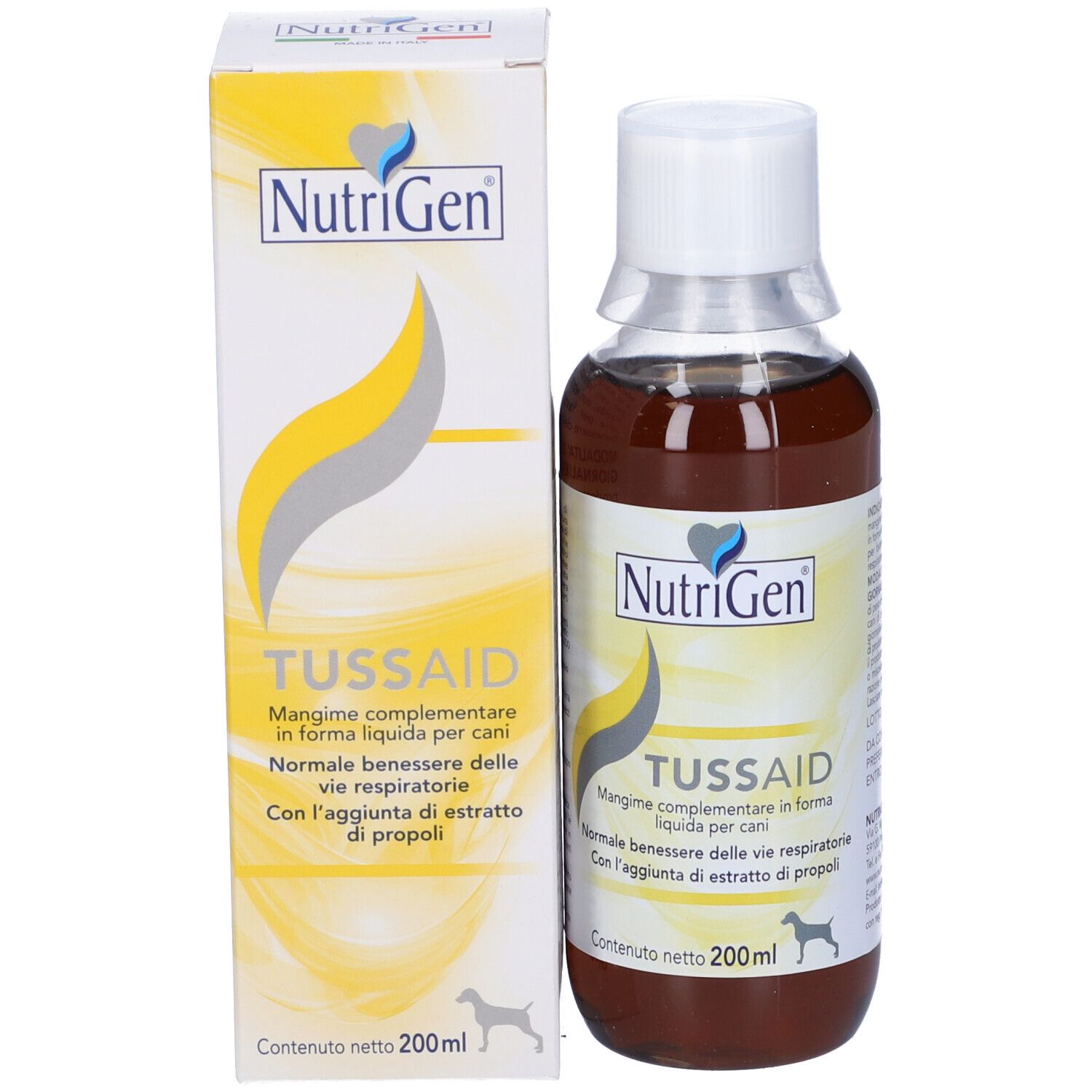 Bottiglia e confezione affiancate. Marchio Nutrigen, nome del prodotto TUSSAID. Contiene 200ml. Design giallo e bianco.