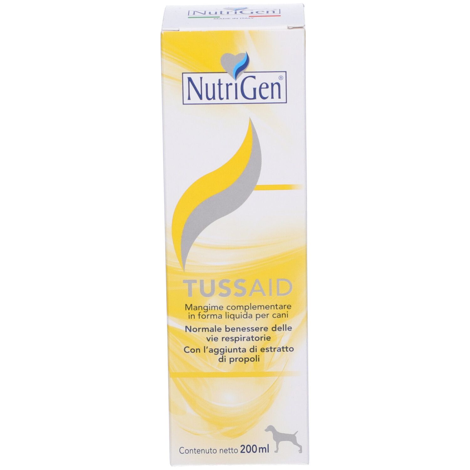 Scatola con stampa del prodotto. Marchio Nutrigen, nome del prodotto TUSSAID. Contiene 200ml. Design giallo e bianco.