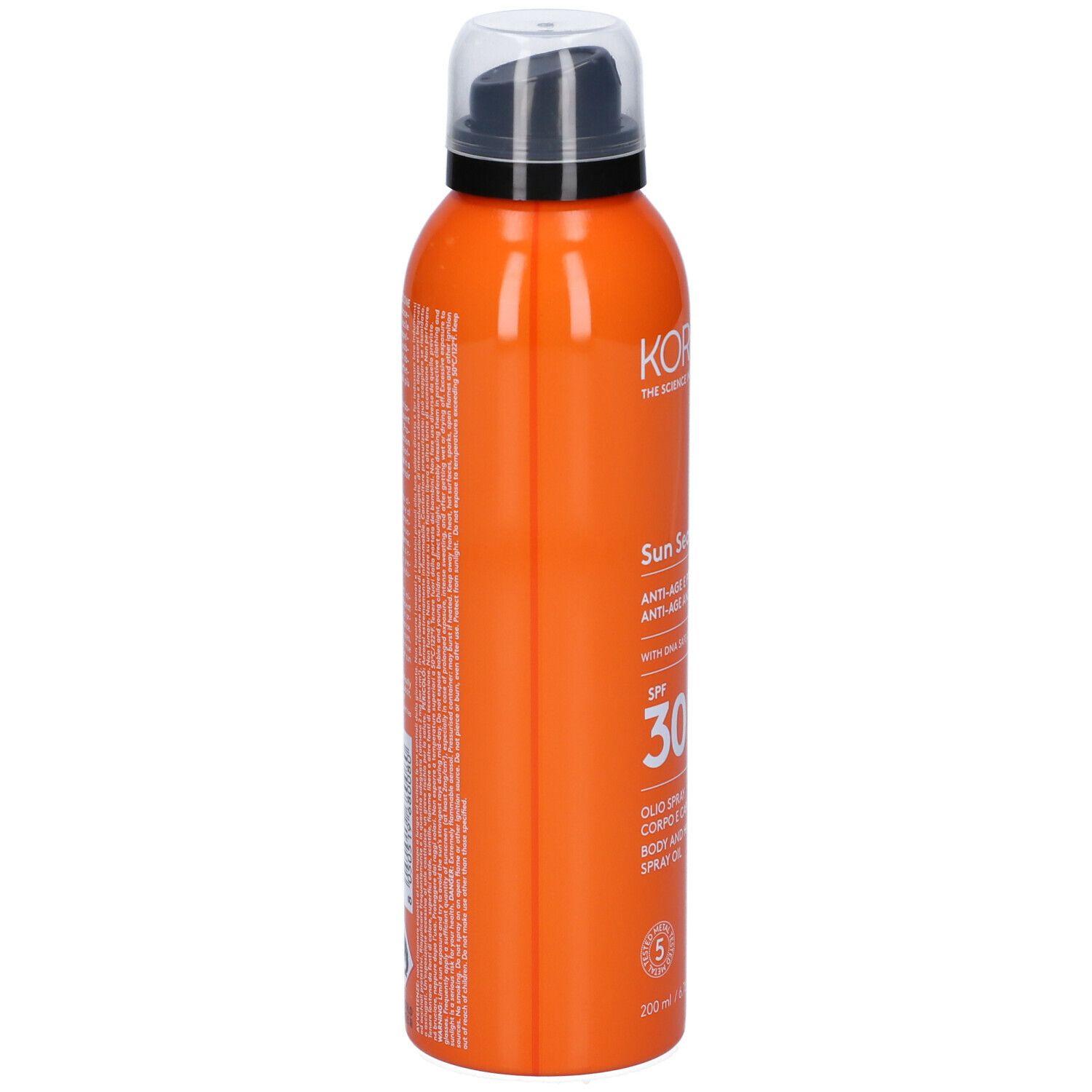 Flacone spray arancione, vista laterale. Testo: Korff Sun Secret, SPF 30, olio corpo e capelli. Con testo.