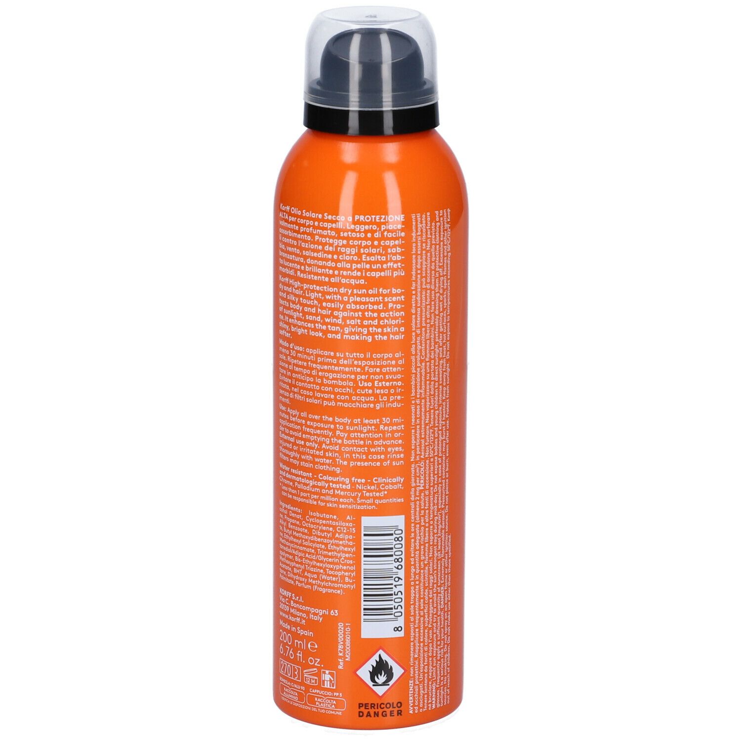 Flacone spray arancione, vista posteriore. Testo: Korff Sun Secret, SPF 30, olio corpo e capelli. Con testo e avvertenze.