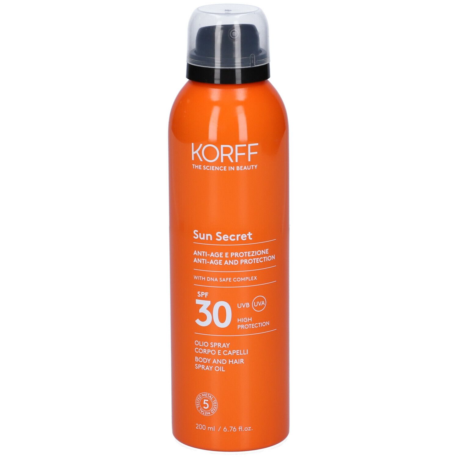 Flacone spray arancione con tappo nero. Scritta: Korff Sun Secret, SPF 30, olio corpo e capelli.