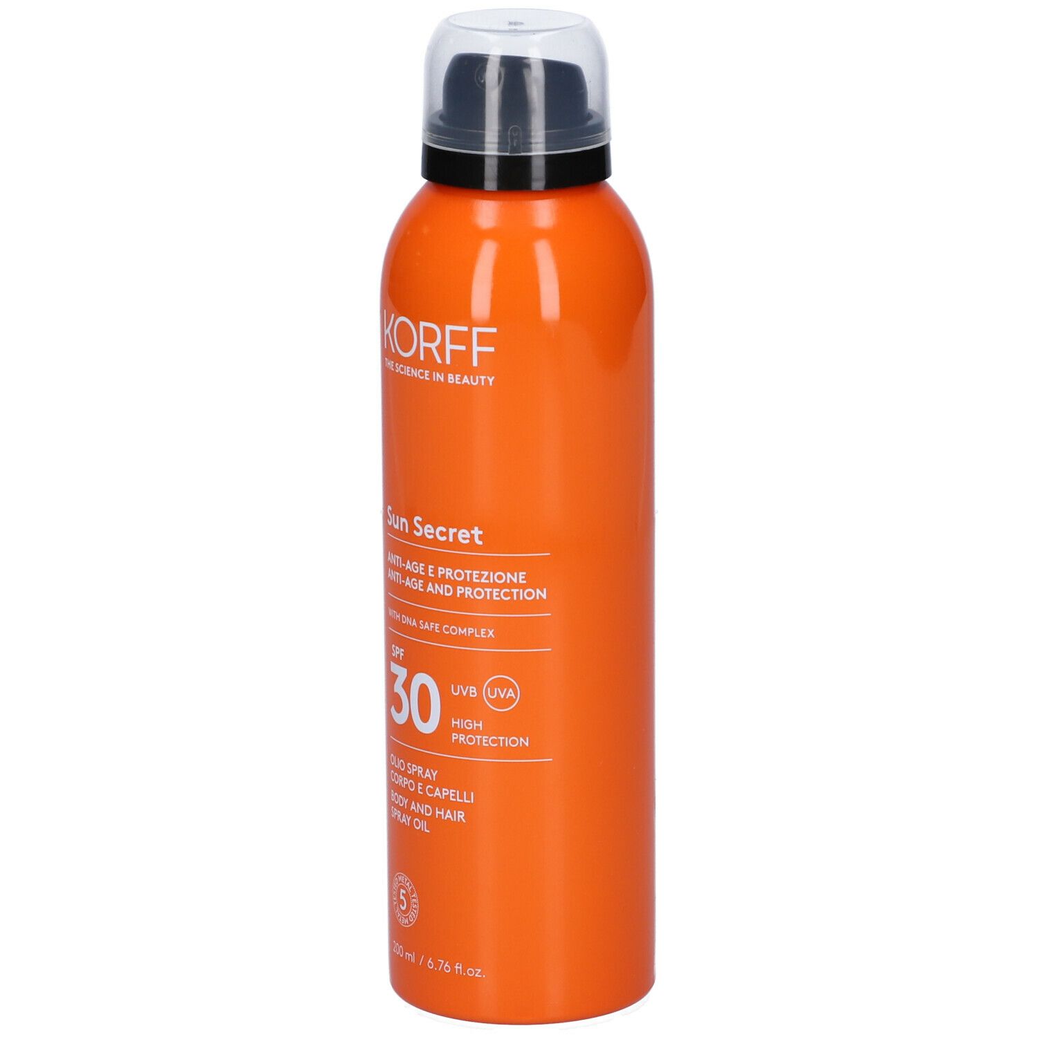 Flacone spray arancione con tappo nero. Scritta: Korff Sun Secret, SPF 30, olio corpo e capelli.