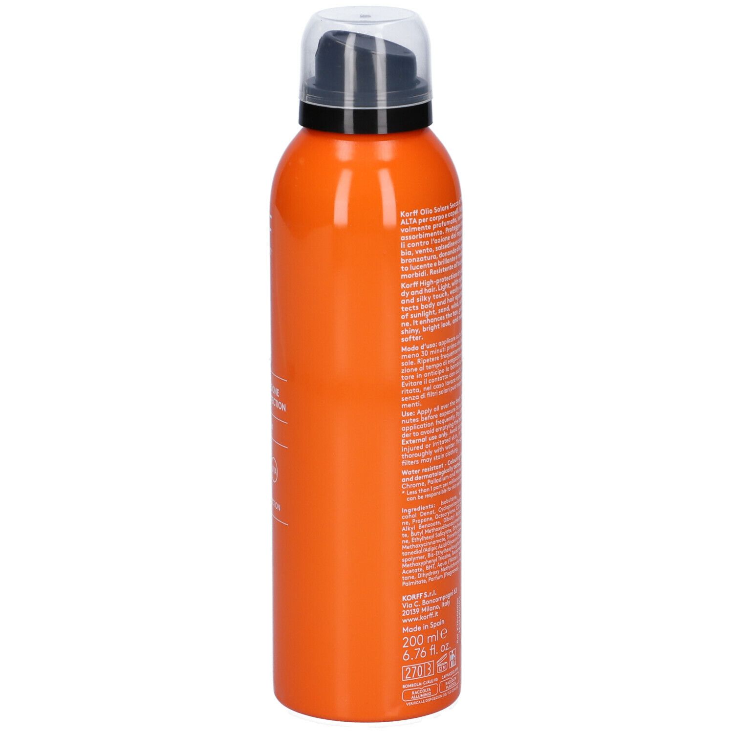 Flacone spray arancione, vista posteriore. Testo: Korff Sun Secret, SPF 30, olio corpo e capelli. Con testo e avvertenze.