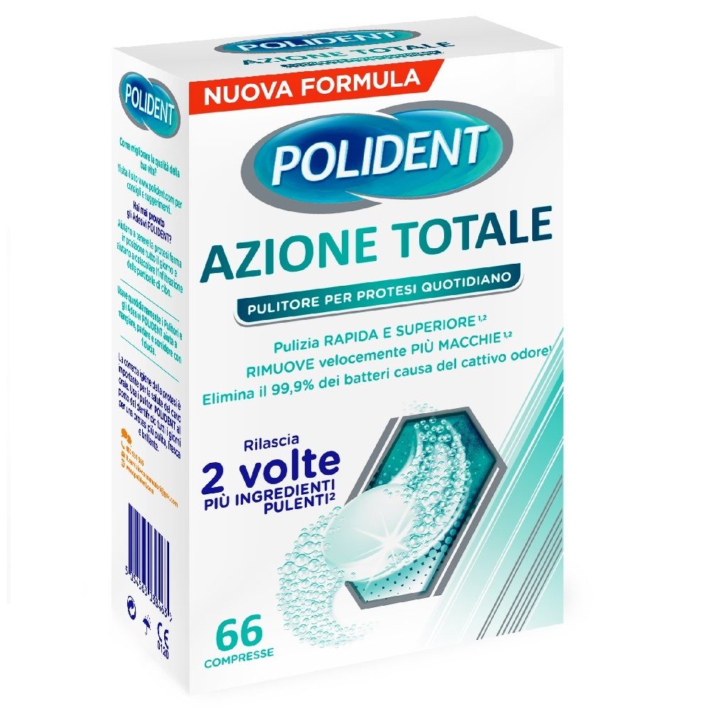 Confezione POLIDENT 'Azione Totale' per protesi. Contiene 66 compresse. Scritto: 'Pulitore per protesi quotidiano'.