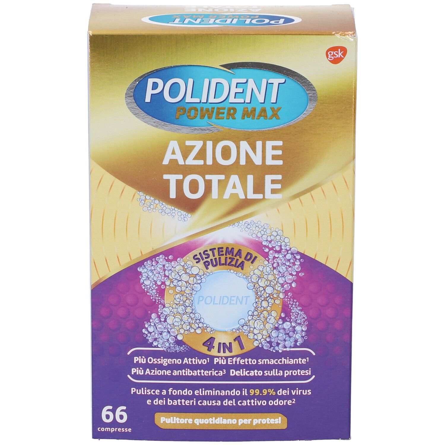 Confezione POLIDENT Power Max 'Azione Totale' con 66 compresse. Sistema 4 in 1. Scritto: 'Pulitore quotidiano per protesi'.
