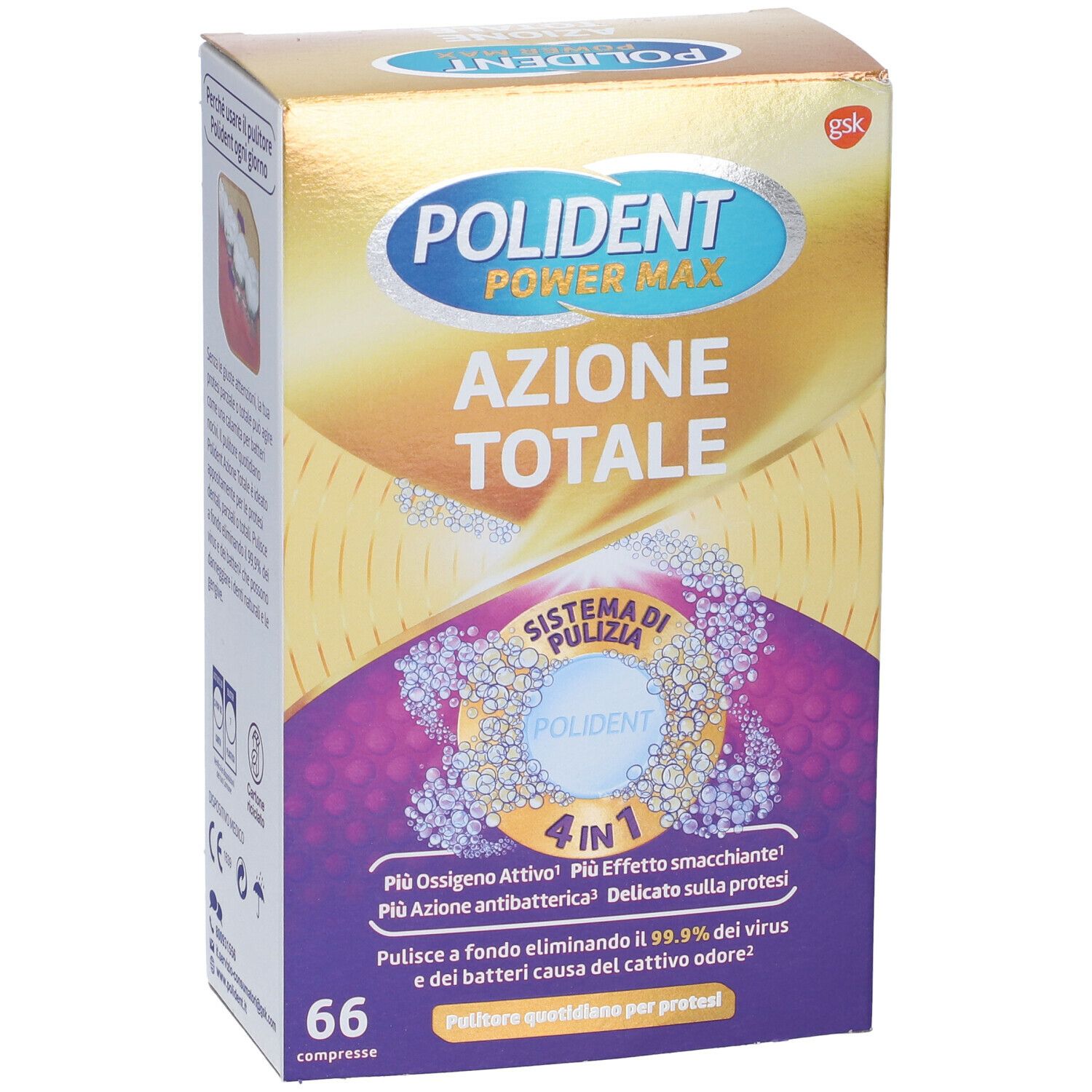Confezione POLIDENT Power Max 'Azione Totale' con 66 compresse. Sistema 4 in 1. Scritto: 'Pulitore quotidiano per protesi'.
