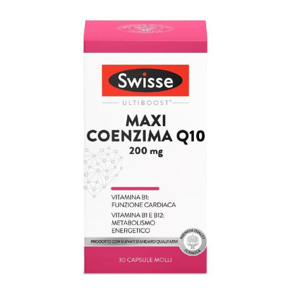Swisse Maxi Coenzym Q10. Weiße Schachtel mit roter Oberseite. Produktname und Details auf der Vorderseite.