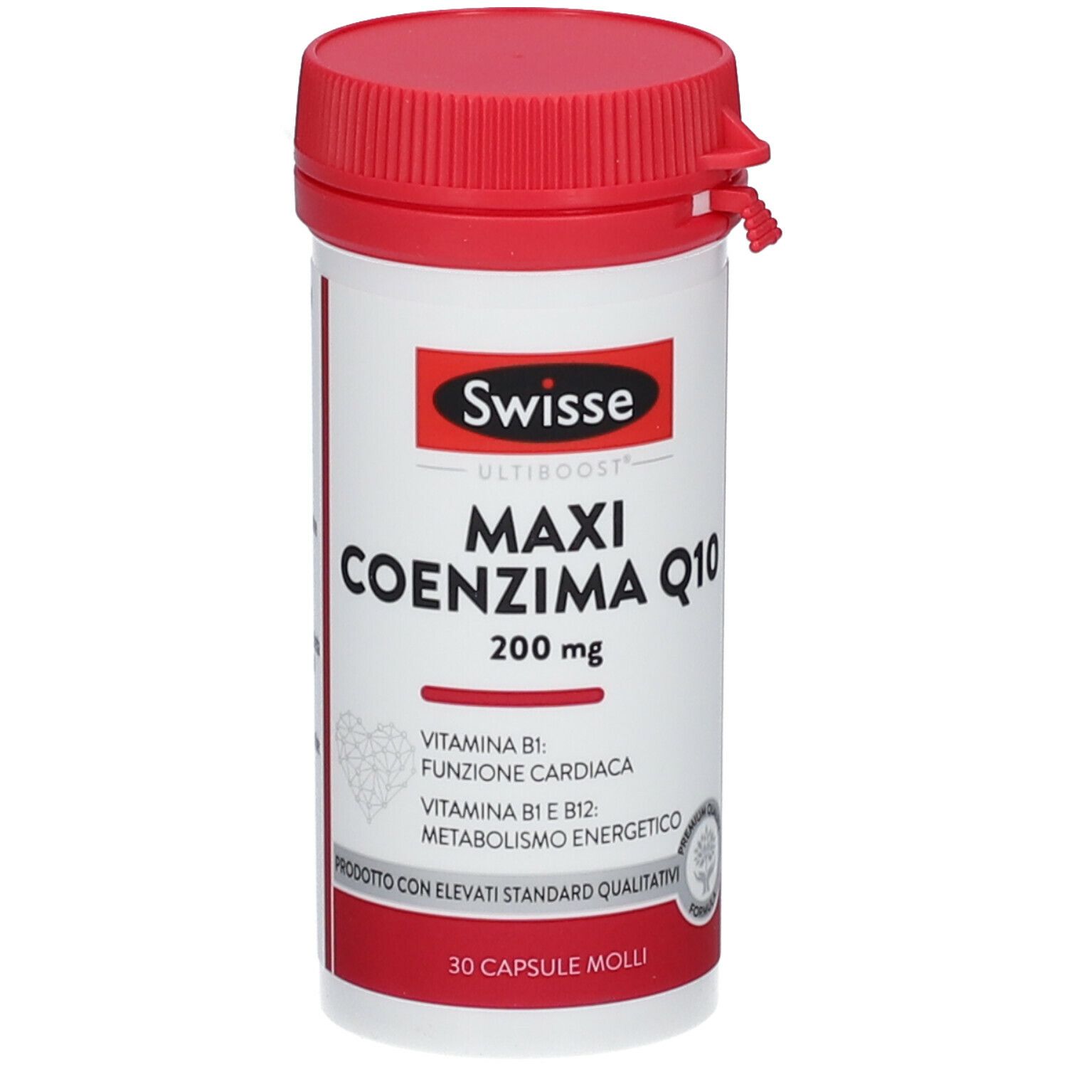 Swisse Maxi Coenzym Q10. Weiße Flasche mit rotem Deckel. Produktname und Details auf dem Etikett.