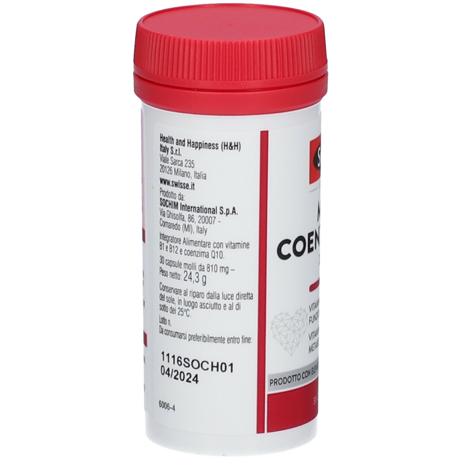Rückseite der Swisse Maxi Coenzym Q10 Flasche. Textinformationen, Herstelleradresse und Verfallsdatum.