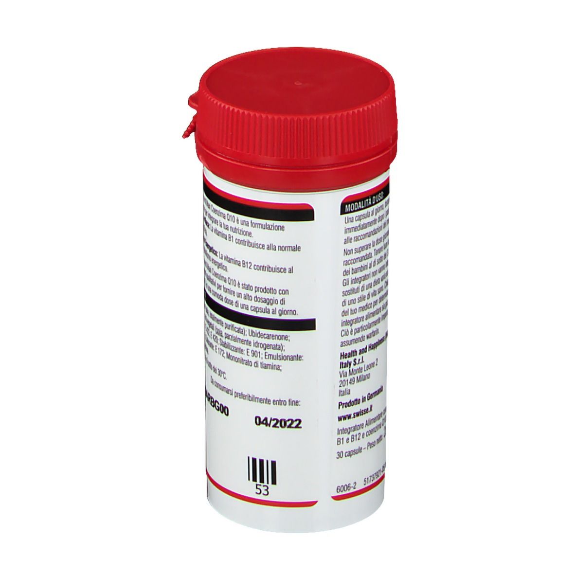 Seite der Swisse Maxi Coenzym Q10 Flasche. Textinformationen und Verfallsdatum.
