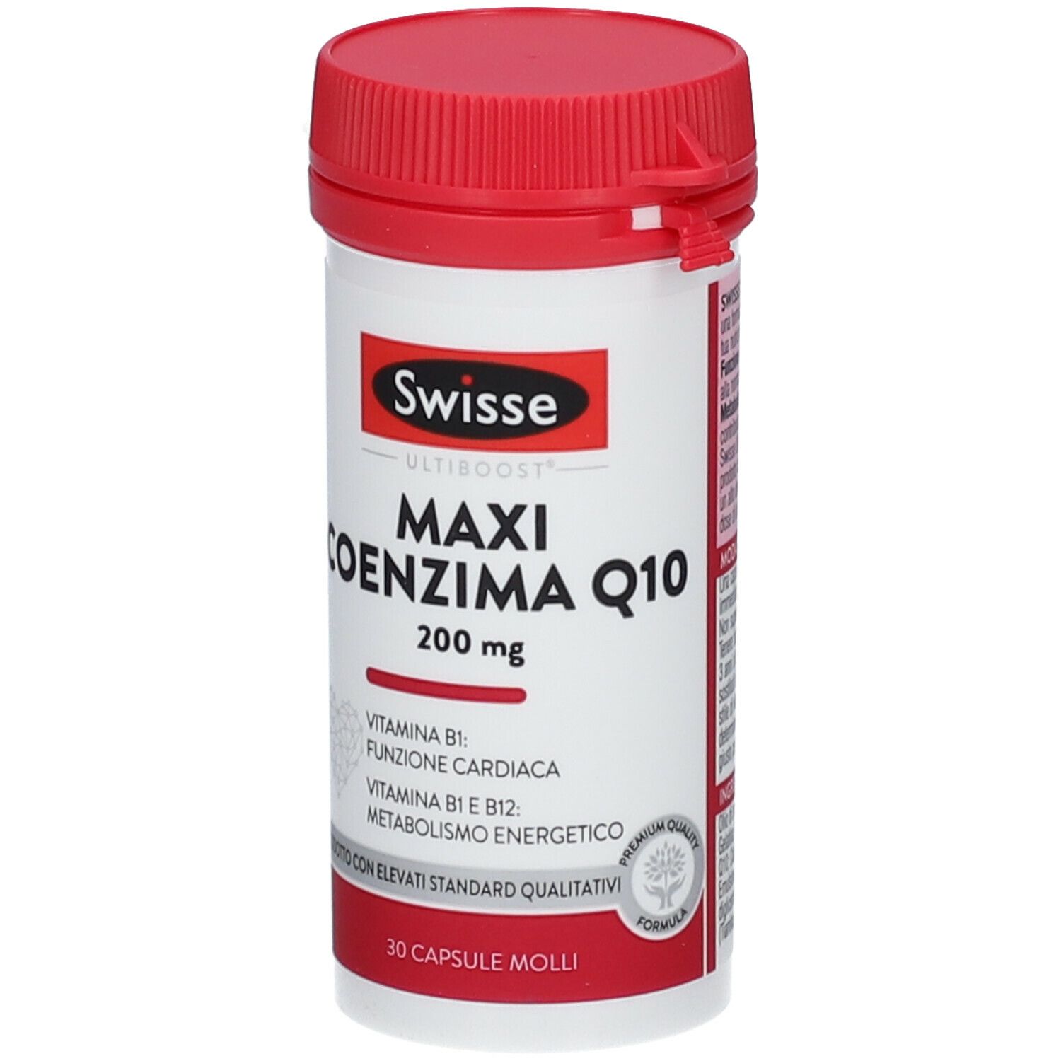 Swisse Maxi Coenzym Q10. Weiße Flasche mit rotem Deckel. Produktname und Details auf dem Etikett.