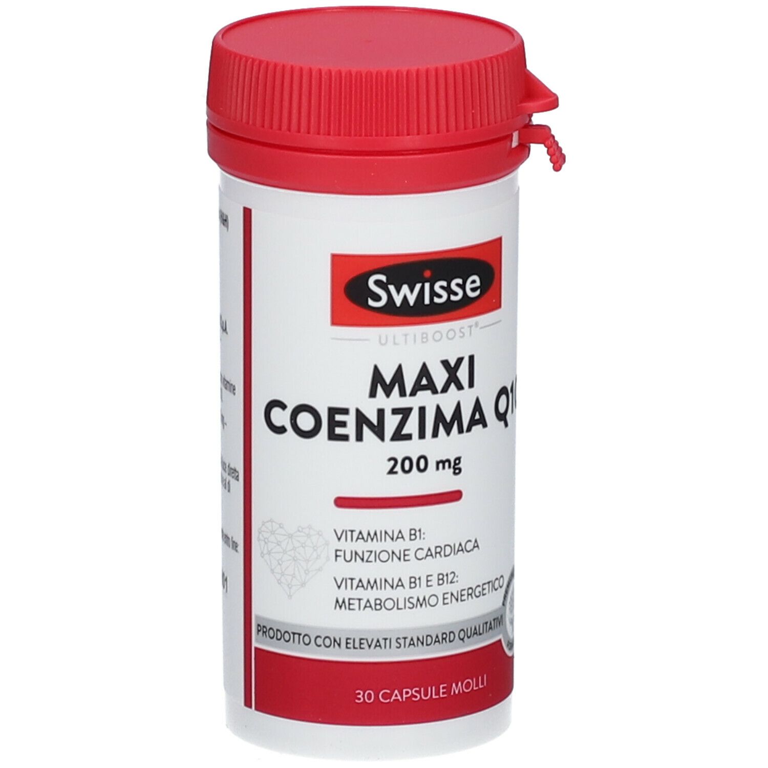 Swisse Maxi Coenzym Q10. Weiße Flasche mit rotem Deckel. Produktname und Details auf dem Etikett.