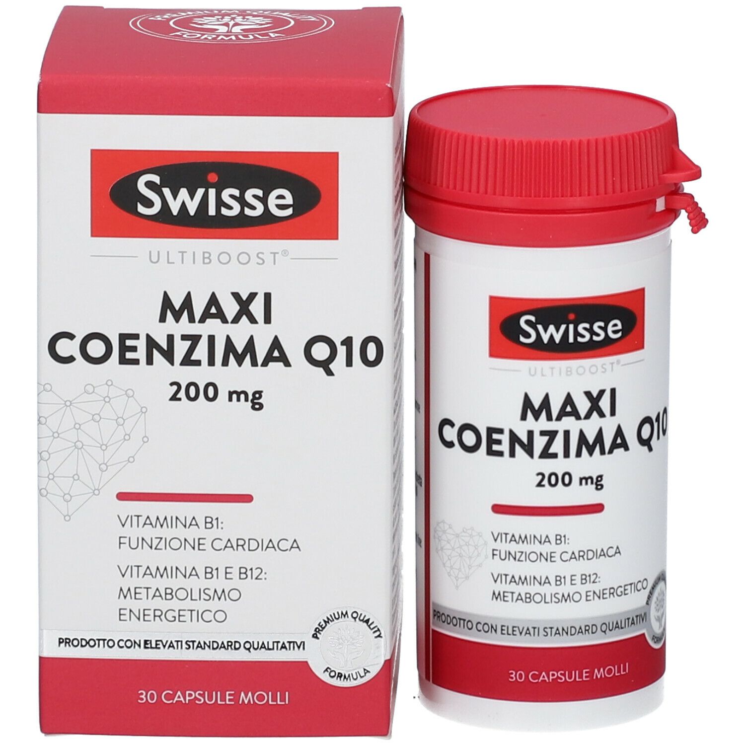 Swisse Maxi Coenzym Q10. Produktverpackung: Schachtel und Flasche. Produktname und Details sichtbar.