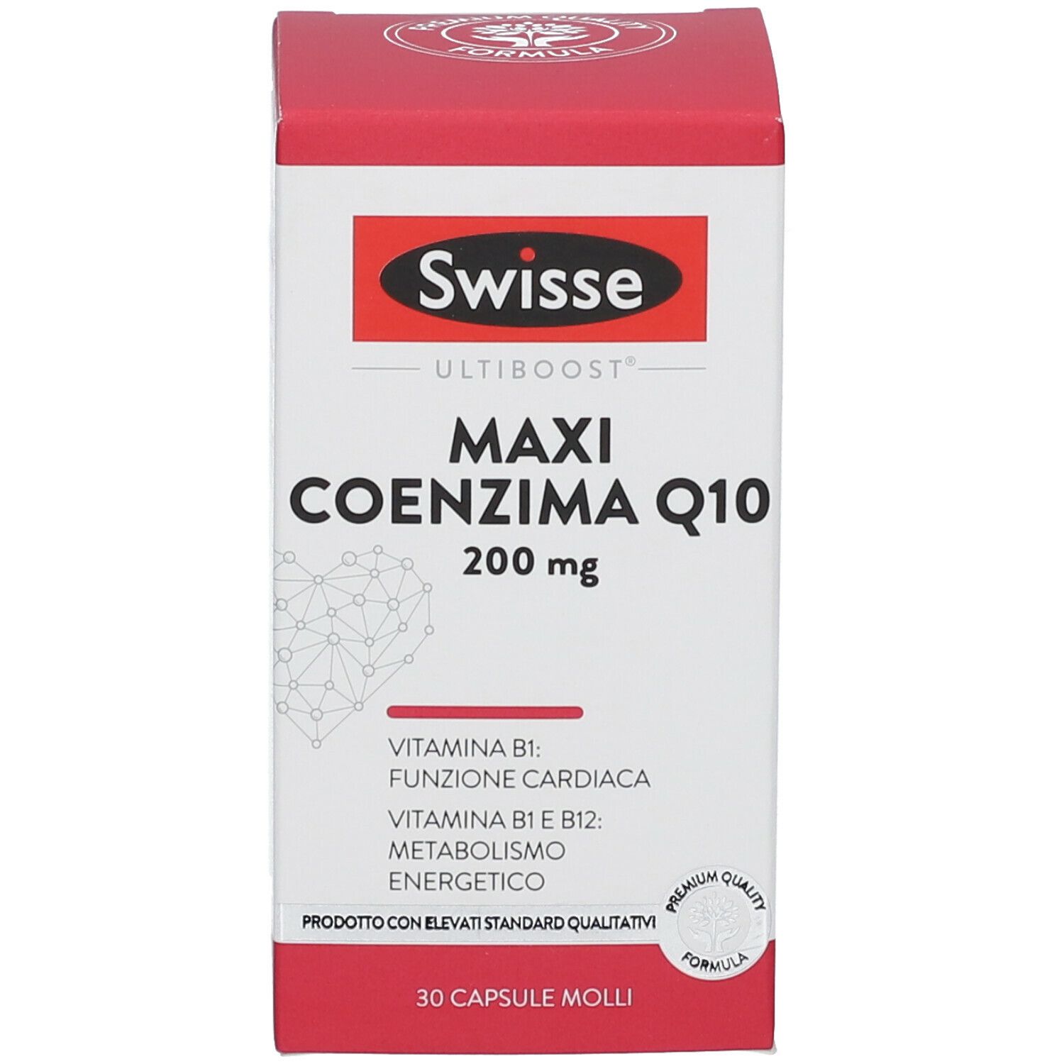 Swisse Maxi Coenzym Q10. Weiße Schachtel mit roter Oberseite. Produktname und Details auf der Vorderseite.