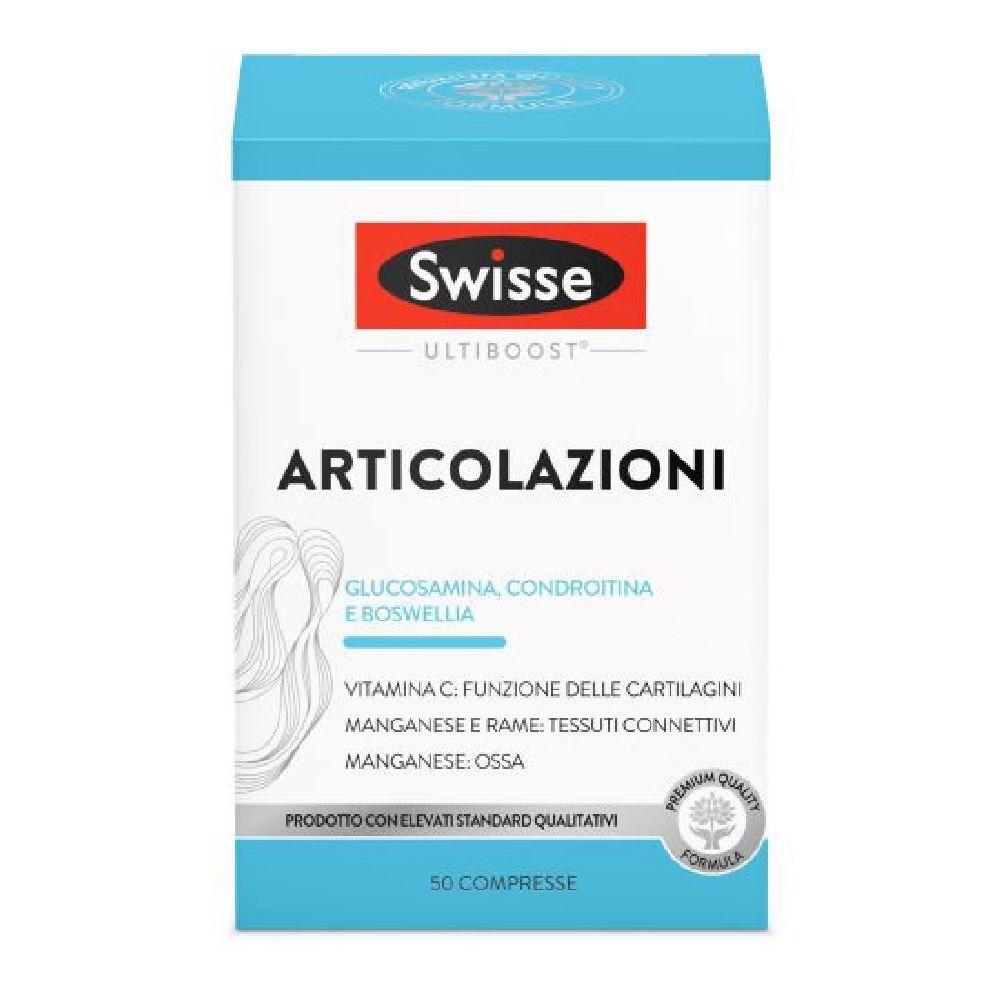 Swisse Articolazioni. Scatola bianca e blu. Nome del prodotto e ingredienti stampati. 50 compresse.