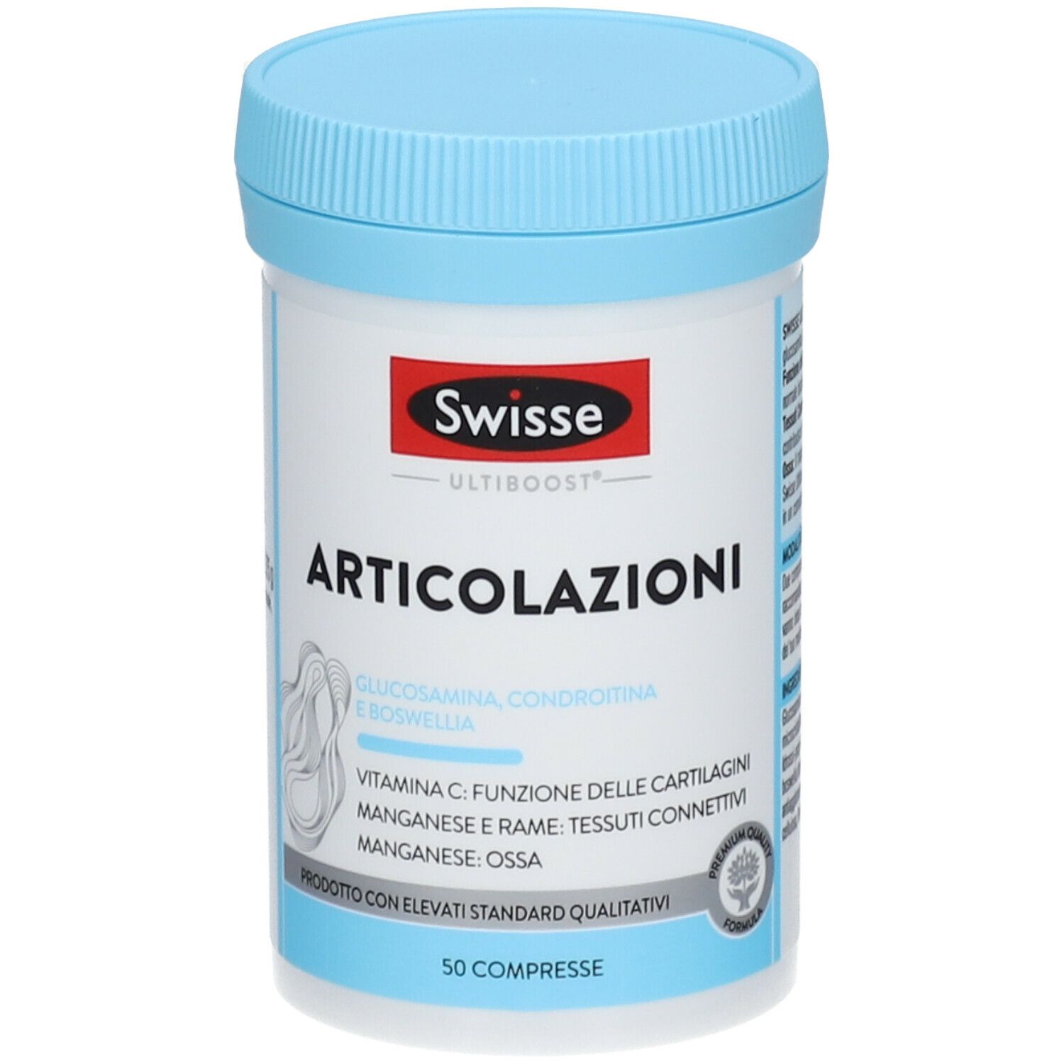 Swisse Articolazioni. Barattolo bianco con coperchio blu. Nome del prodotto e ingredienti stampati. 50 compresse.