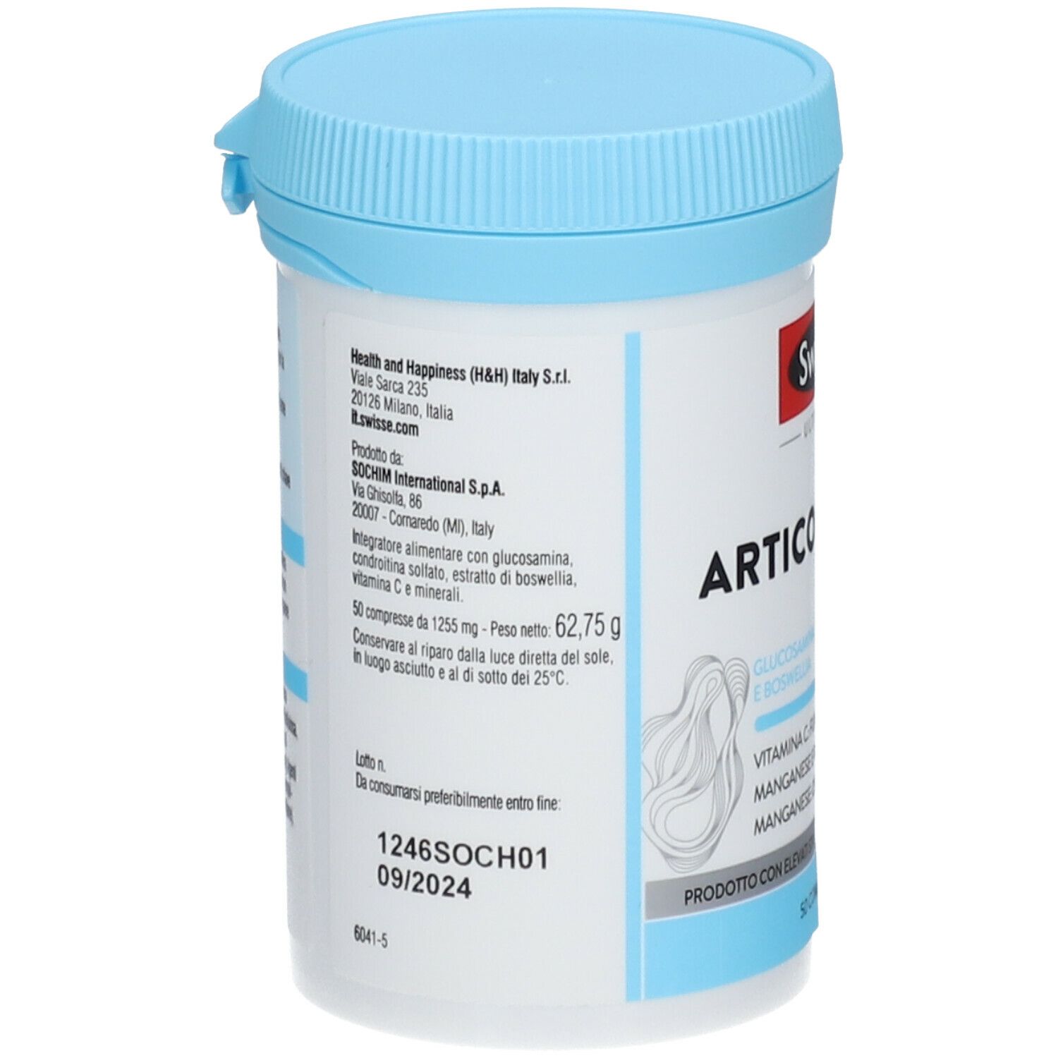 Swisse Articolazioni. Barattolo bianco con coperchio blu. Nome del prodotto e ingredienti stampati. 50 compresse.